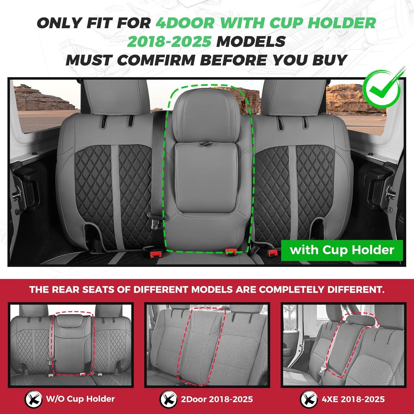 for Jeep Wrangler Seat Covers 4Door JL 2018 2019 2020 2021 2022 2023 2024 2025, Custom Fit Car Seat Cover Full Set, Luxury Waterproof Leather Seat Protectors, Gray Black, With Rear Cup Holder