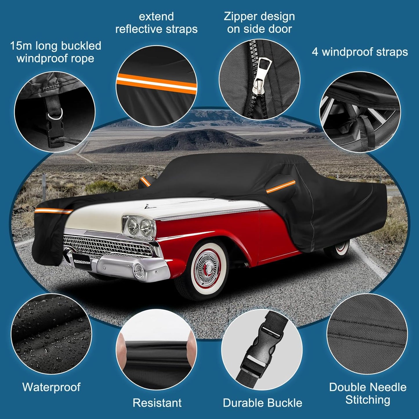 Car Cover for Ford Ranchero 1957-1959 1968-1979, Waterproof 210D Oxford Cloth and Cotton Cover Outdoor Full Car Covers with Zipper Windproof Heavy Duty All Weather Protectio