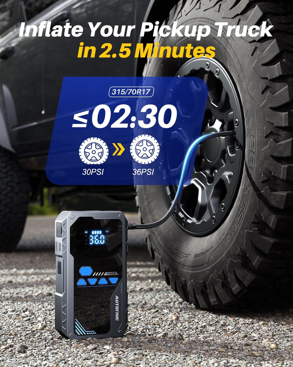 AUTOONE 8000A Jump Starter with Air Compressor (All Gas/12L Diesel), 150PSI Car Jumper Starter Portable, Jump Box Tire Inflator with LED Flashlight, LCD Display, Storage Case