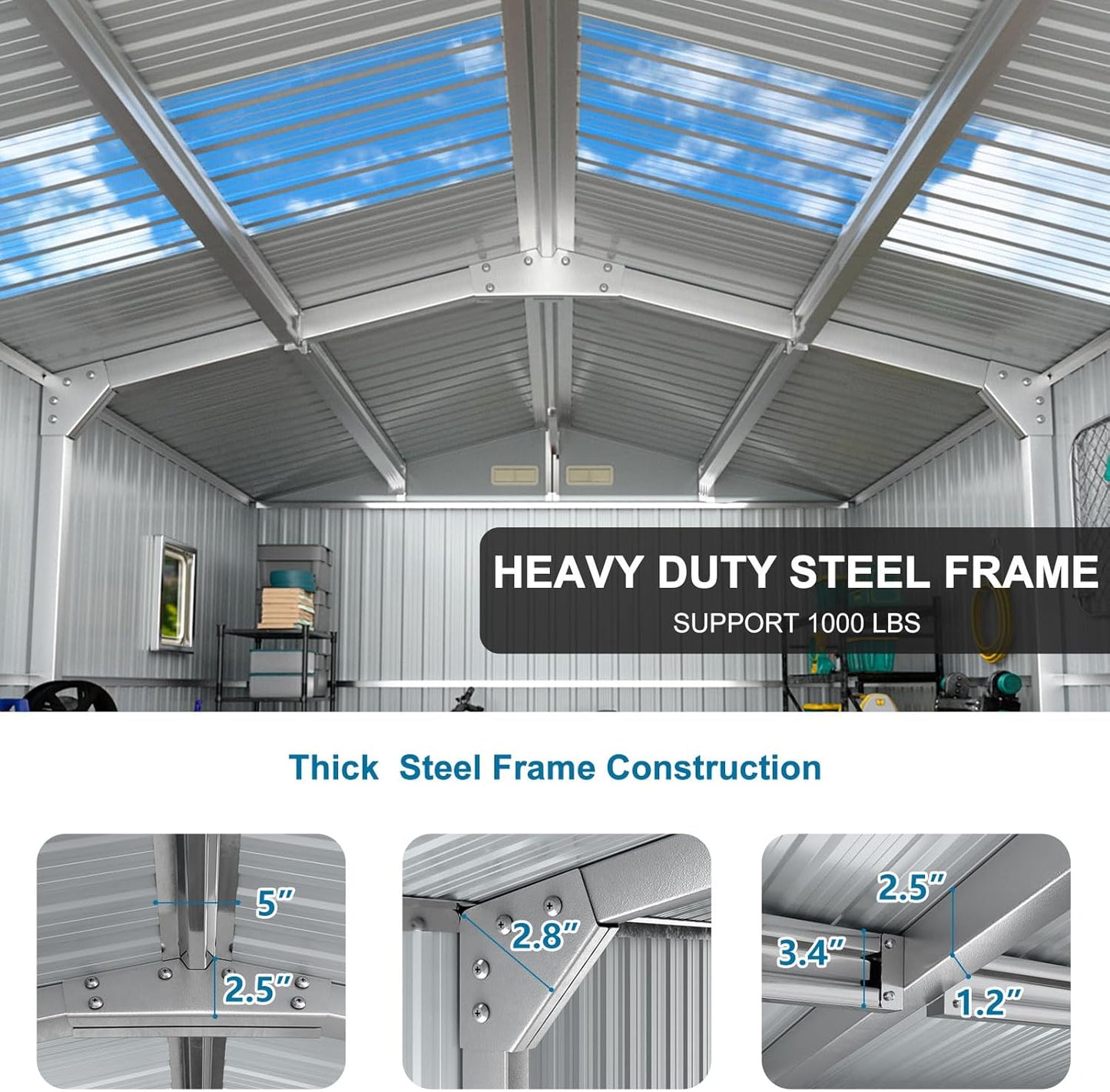 10x12 FT Metal Storage Shed with Floor Frame Extra Large Waterproof Storage House with Clear Roof Windows Air Vent for Garden Yard to Store Bikes,Lawnmower,Dark Grey