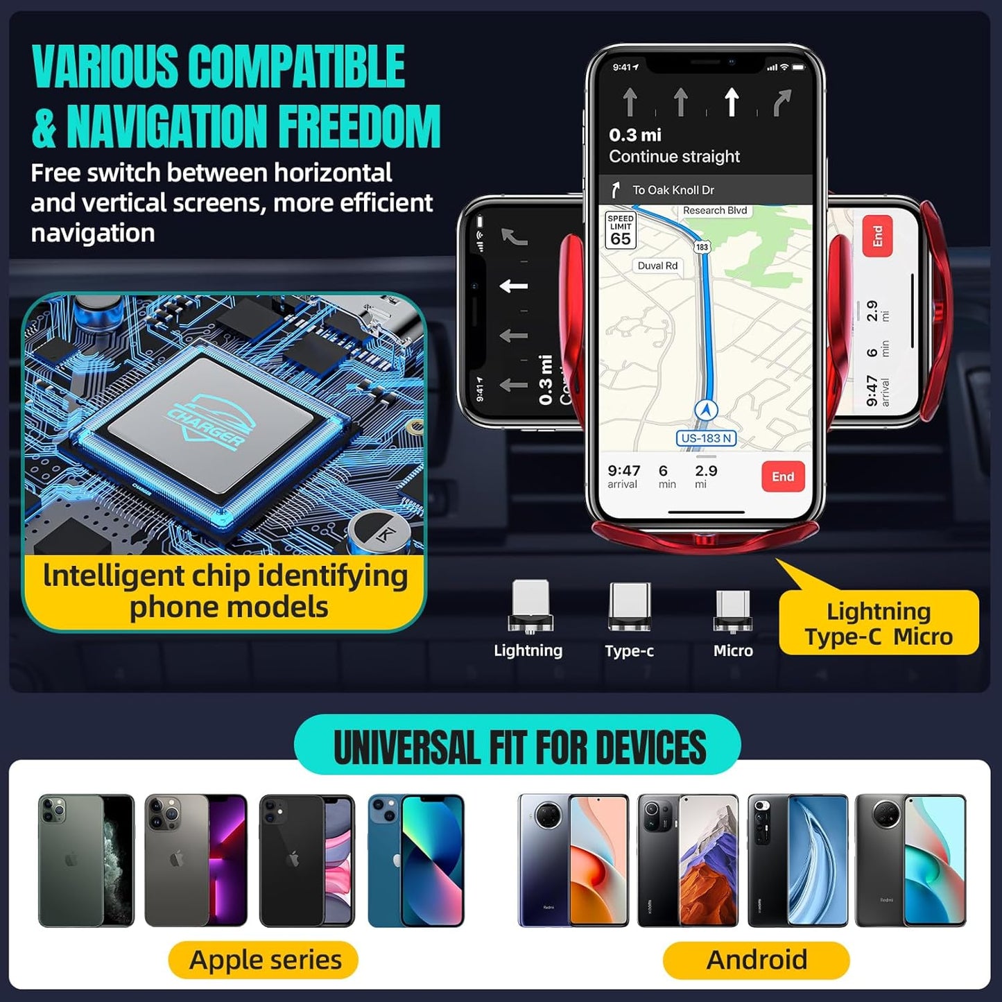 Wireless Car Charger, MAX 15W Fast Charging Auto Clamping, Sensing Phone Holder Mount, fit for iPhone 16 15 14 13 12 Pro Max Xs X, Samsung Galaxy S24 Ultra S23 S22 S21 S20 Note20 (4-Red)