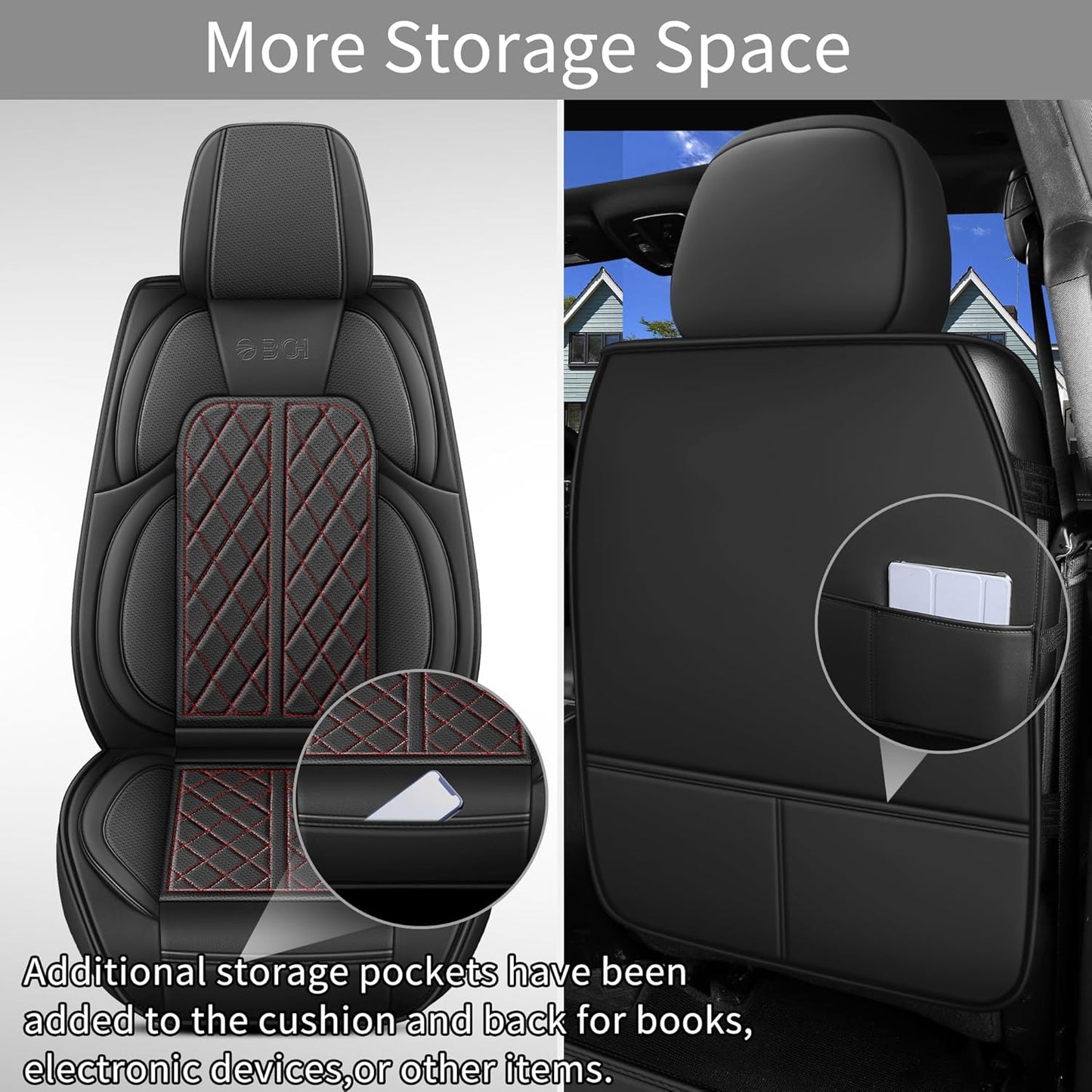 Car Seat Cover Custom Fit for Dodge Ram 1500 2500 3500 2002-2024 Faux Leather Seat Cover Set Compatible with Crew Quad Regular Cab Pickup Truck Cushions (Black Redline, Full Set, Flat Rear)