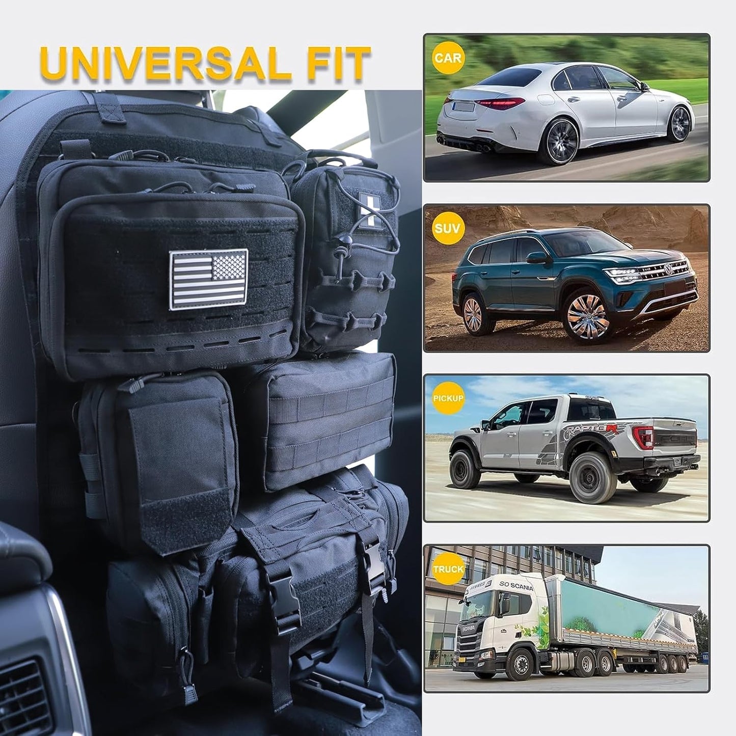 Universal Tactical Seat Back Organizer Vehicle Molle Panel Organizer Storage Bag with 5 Detachable Molle Pouch for All Vehicel Such as Jeep,Truck,SUV, Car, Ford,Chevy etc