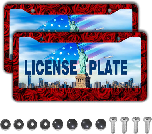 License Plate Frame Red License Plate Protector American Rose Red Rose Flower Aluminum Metal Car Accessory 2 Pack with Screw Covers Set