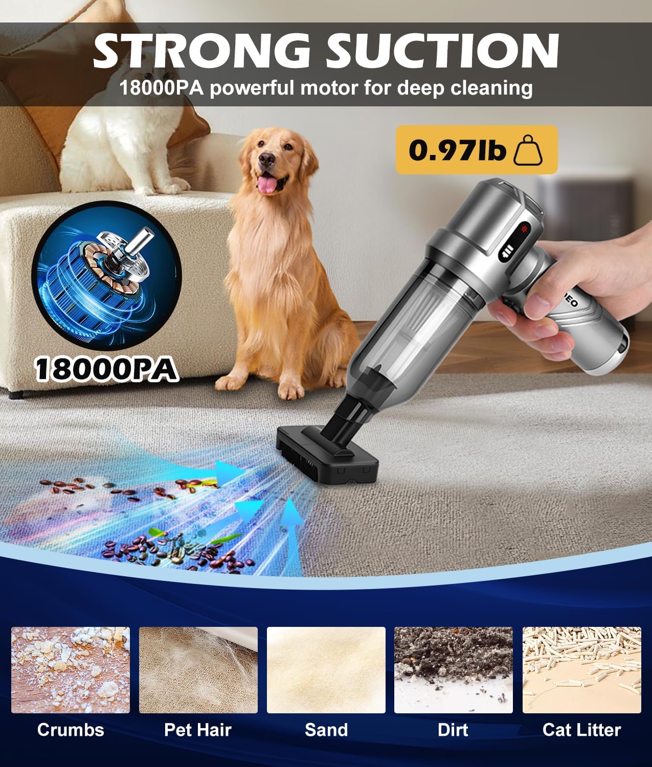 WADEO Car Vacuum Portable Cordless 18000PA, 4-in-1 Handheld Vacuum Cleaner and Air Duster with LED Display & Multi-Nozzles, Mini Hand Held Vacuum Rechargeable for Home, Car, Office, Pet Hair