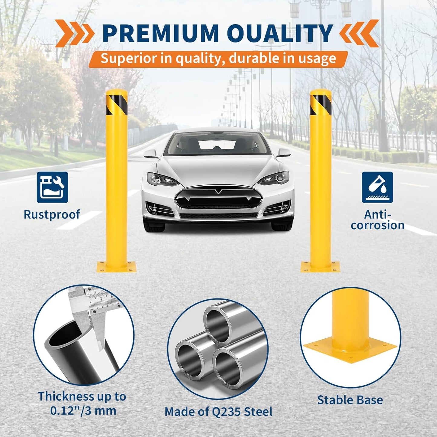 4.5x48 Inch Safety Bollard Post - Yellow Steel Bollard with Anchor Bolts (4-Pack) for Parking Lots, Walkways & Traffic Areas