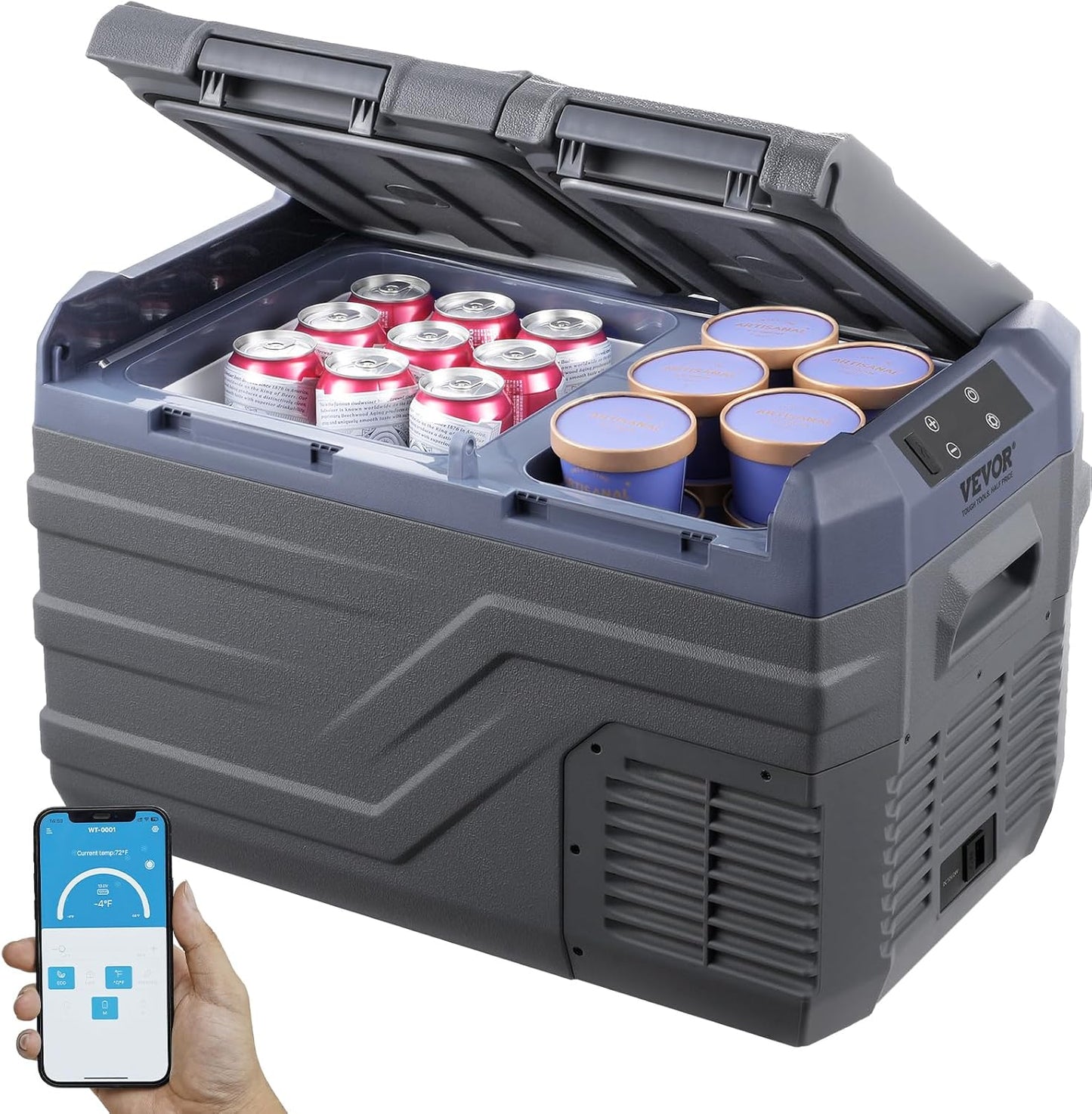 VEVOR NLS35, 12 Volt Car Refrigerator Fridge, 25Liter(26.4qt) Dual Zone Portable Freezer, -4℉-68℉ Adjustable Range, 12/24V DC and 100-240V AC Compressor Cooler for Outdoor, Camping, RV, Grey