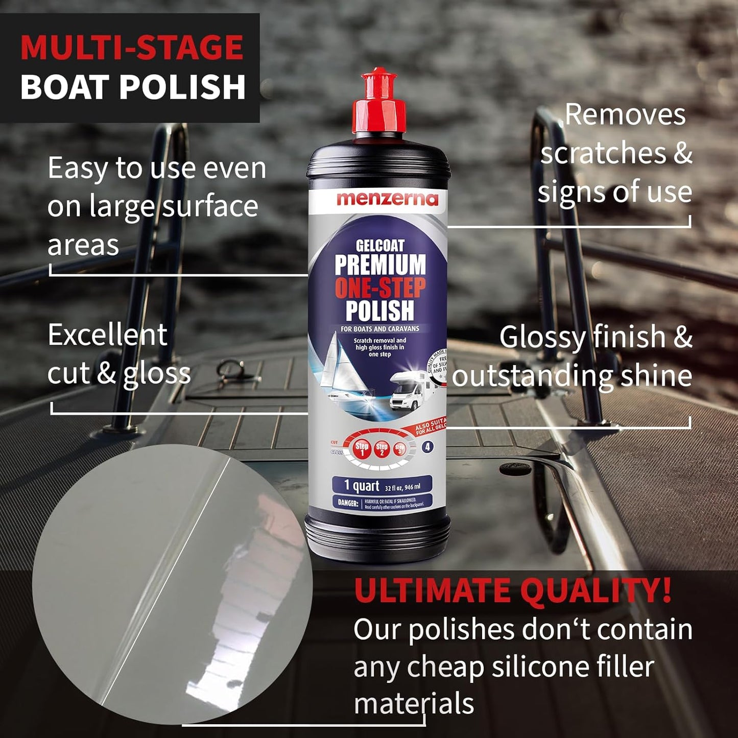 menzerna "Premium One Step Gelcoat Polish" 32oz I Marine Compound to Remove Scratches & to Provide a Glossy Finish I Boat Polish for Outstanding Brilliance I Heavy & Medium Cut + Finish All in one