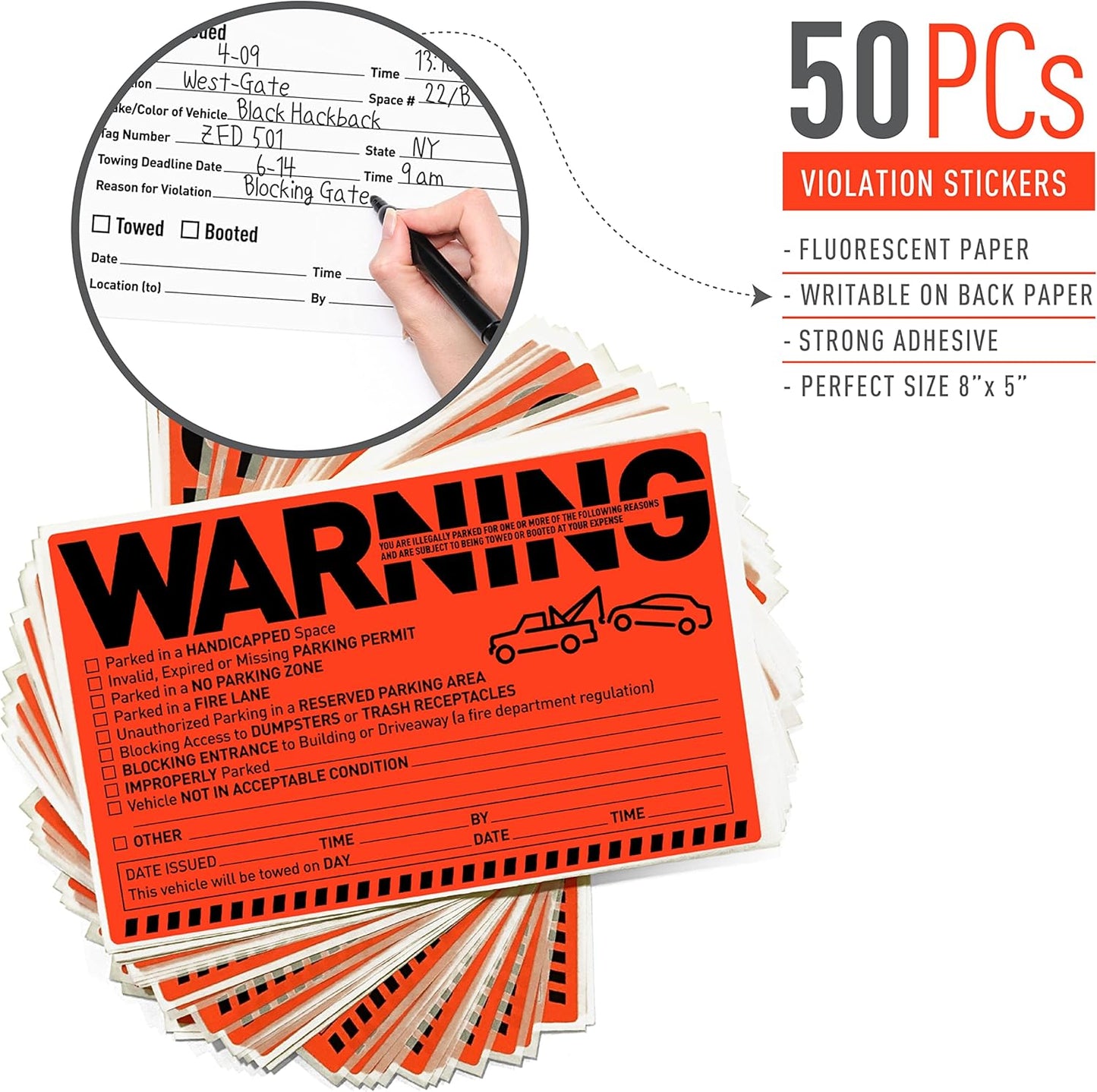 Easykart Labels 50 Parking Violation Notice Tow Stickers for Car Vehicle Private Warning - Adhesive Car Window Fluorescent Labels