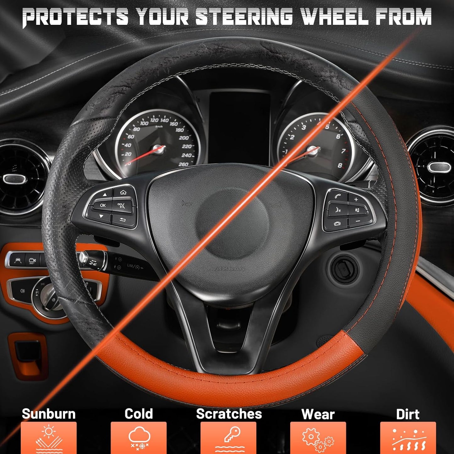 SEG Direct Steering Wheel Cover for Car, Standard Size 14.5-15 inch, Auto Interior Accessories, Black and Orange