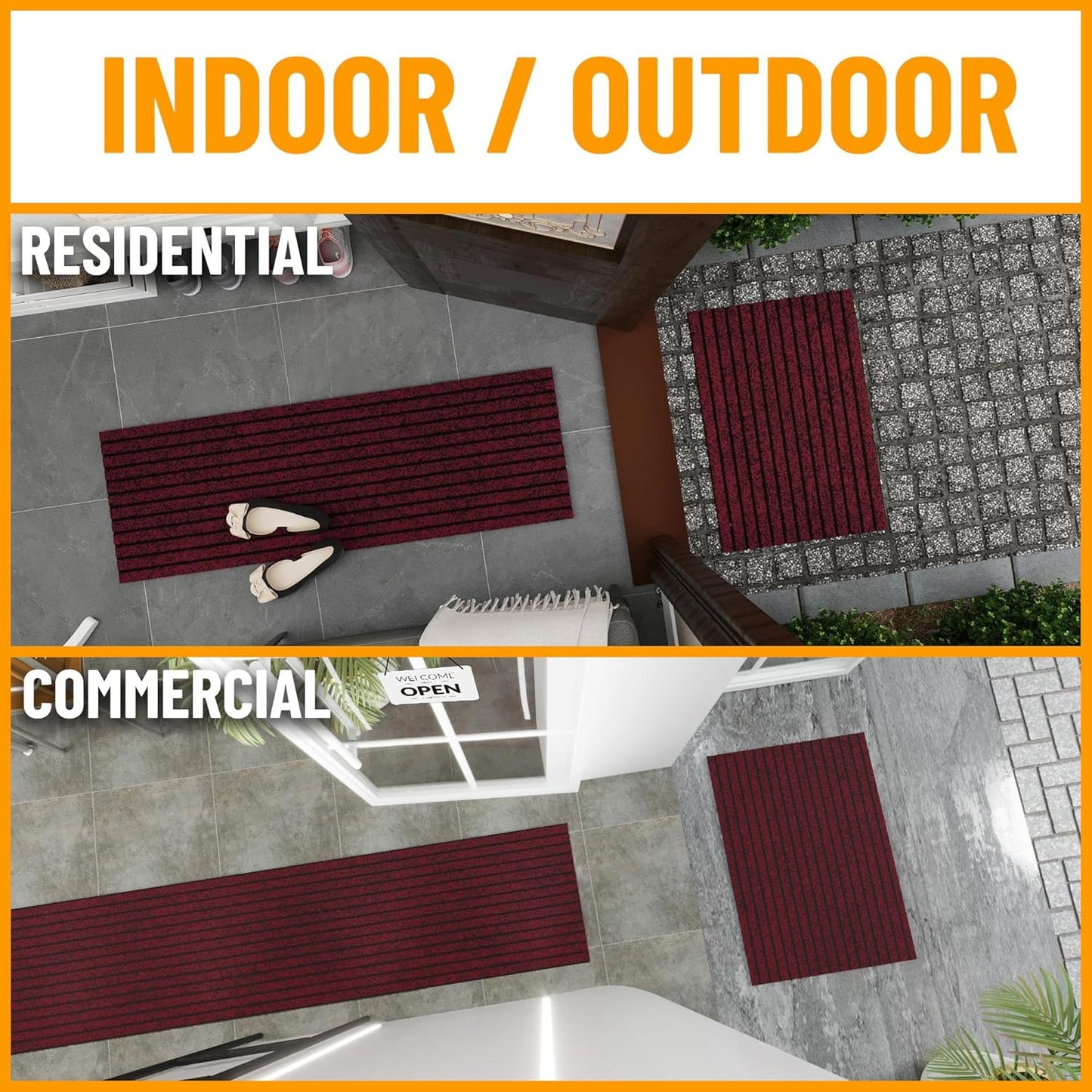 Ottomanson 2' x 14' Hallway Runner with Scraper Pile - Extra Durable Non-Slip Rug Mat for Indoor & Outdoor Use - Ideal for Kitchen, Entryway, Patio & Garage - High-Traffic Carpet, Red