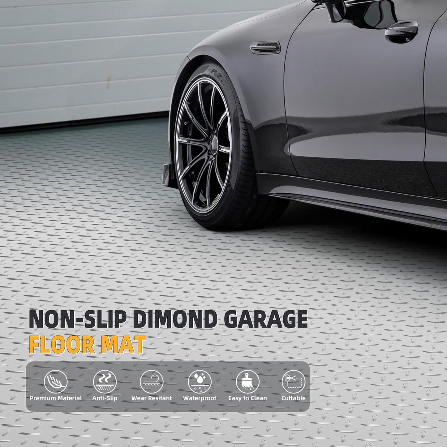 8.2 x 23 FT Garage Floor Mat, 2.8mm Thickened Diamond Plate PVC Garage Flooring Roll for Under Car Parking, Heavy Duty Garage Floor Protector 188.6 SQFT for Garage, Basement, Golf Cart. Gray