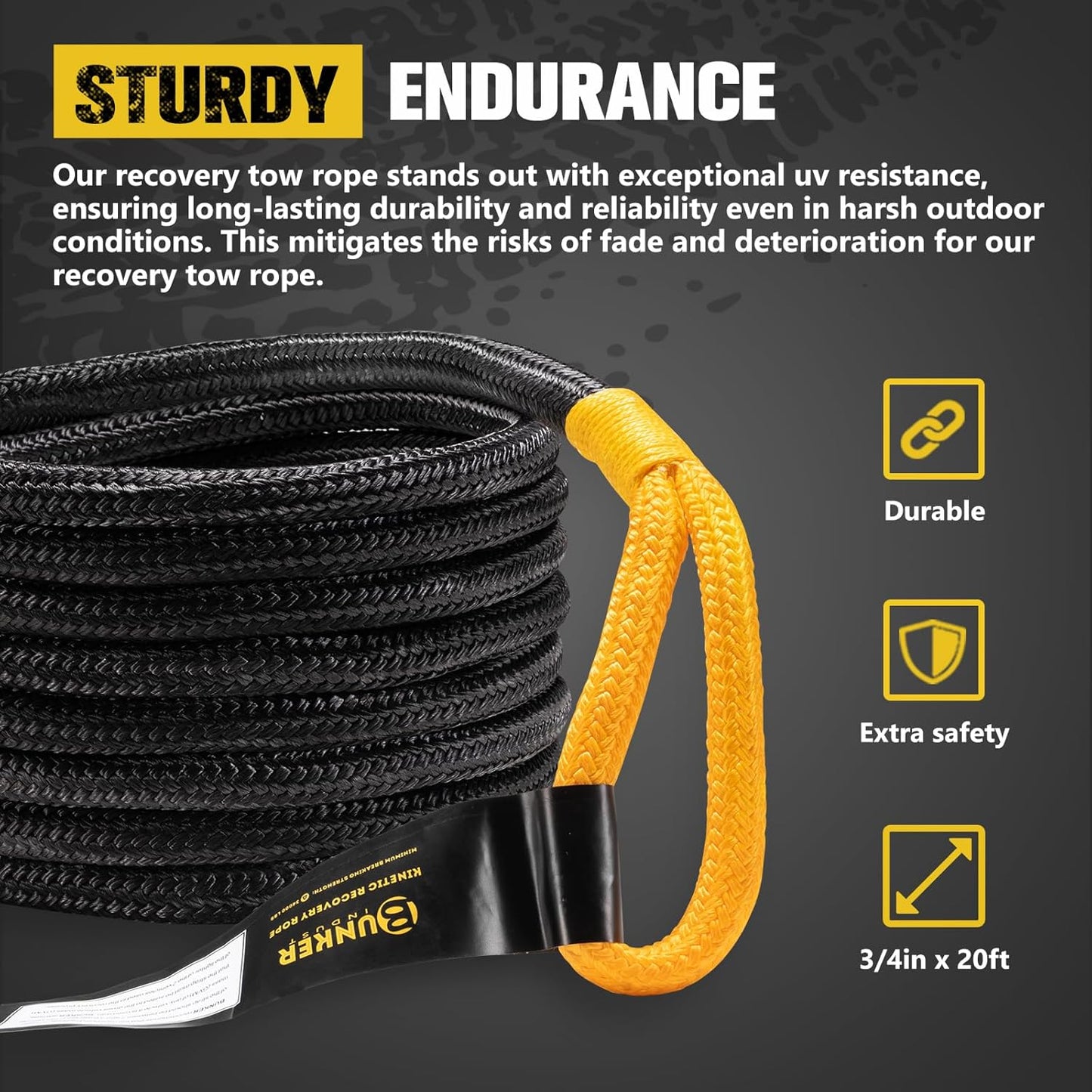 BUNKER INDUST 3/4in×20ft Kinetic Recovery Rope with 2 Soft Shackles Kit, Kinetic Recovery Tow Rope Snatch Strap Off Road Recovery Kit for UTV, ATV, Truck, Car, Jeep, Tractor
