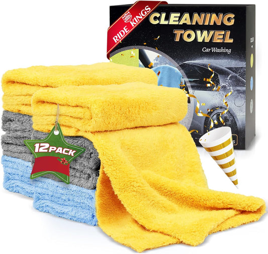 Car Wash Drying Towels,Coral Fleece , For Car,SUV,RV,Motorcycle ,Boat,Home ,Kitchen,Absorbent, Lint-Free, Extra Soft,Reusable and Durable,Interior Microfiber Rags 16in x 16in-12 Packs Blue+Yellow+Grey
