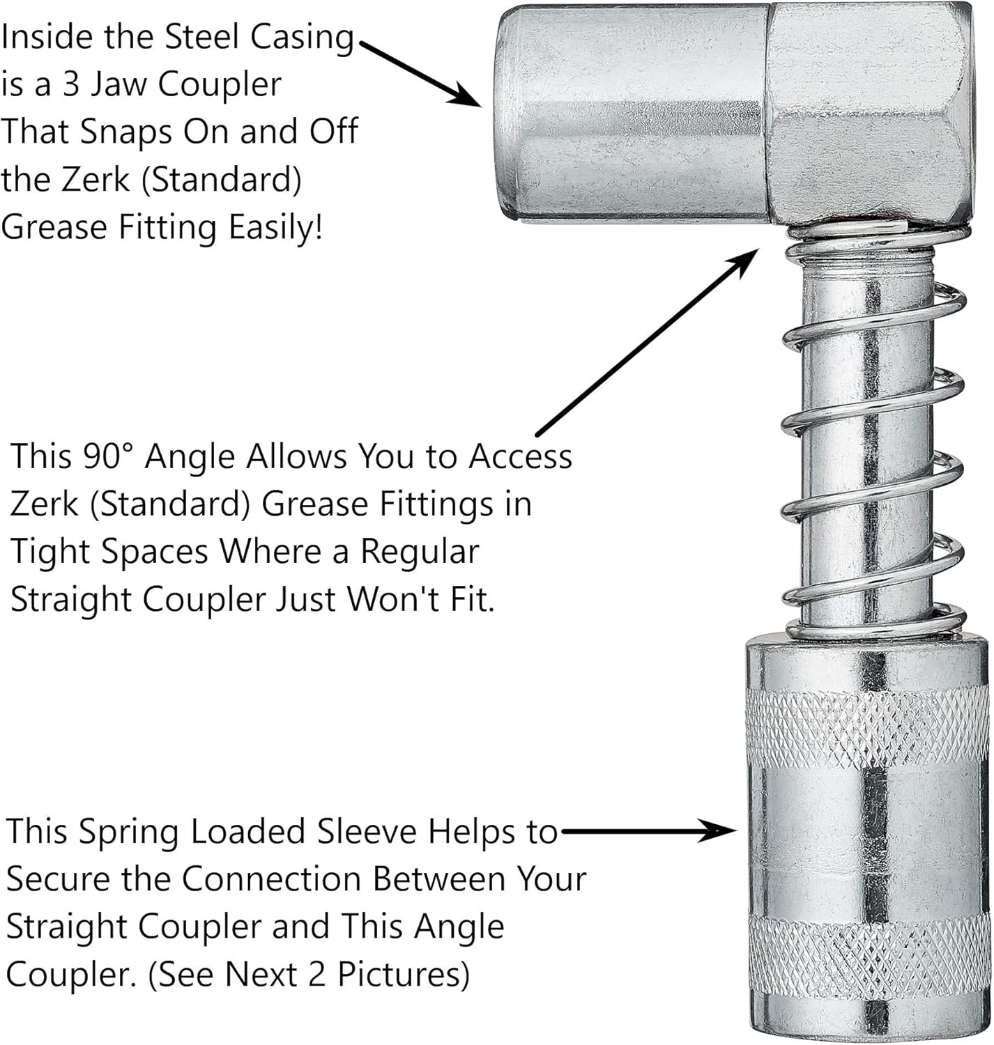 Slippery Pete 90 Degree Grease Coupler Snaps on to Grease Fittings in Tight Spaces