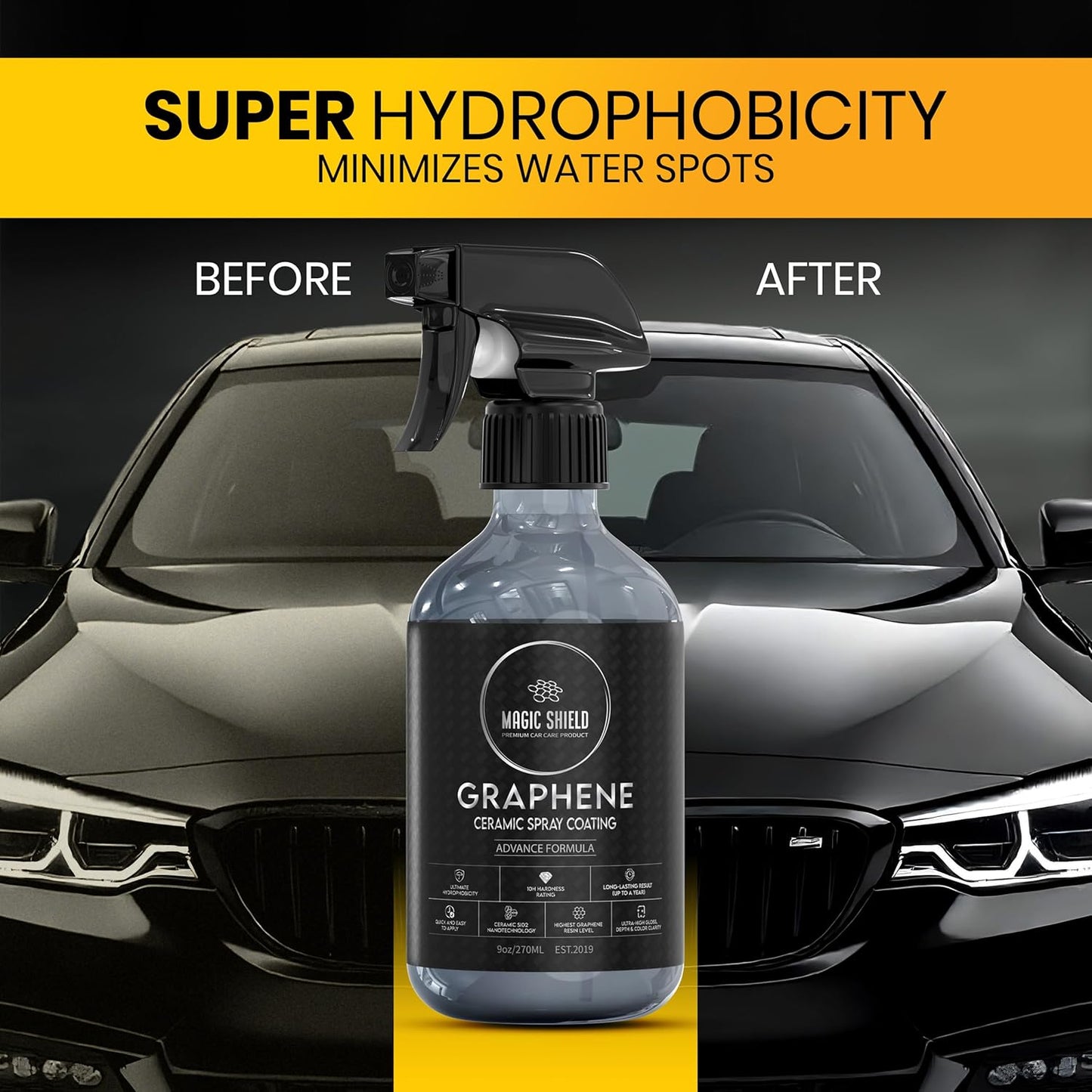 Graphene Ceramic Spray Coating - LAST SO LONG! Quick & Easy for Cars, Motorcycles, Boats & More - Professional-Grade Sealant for Maximum Gloss & Shine - Waterless Wash & Wax - 9oz Bottle