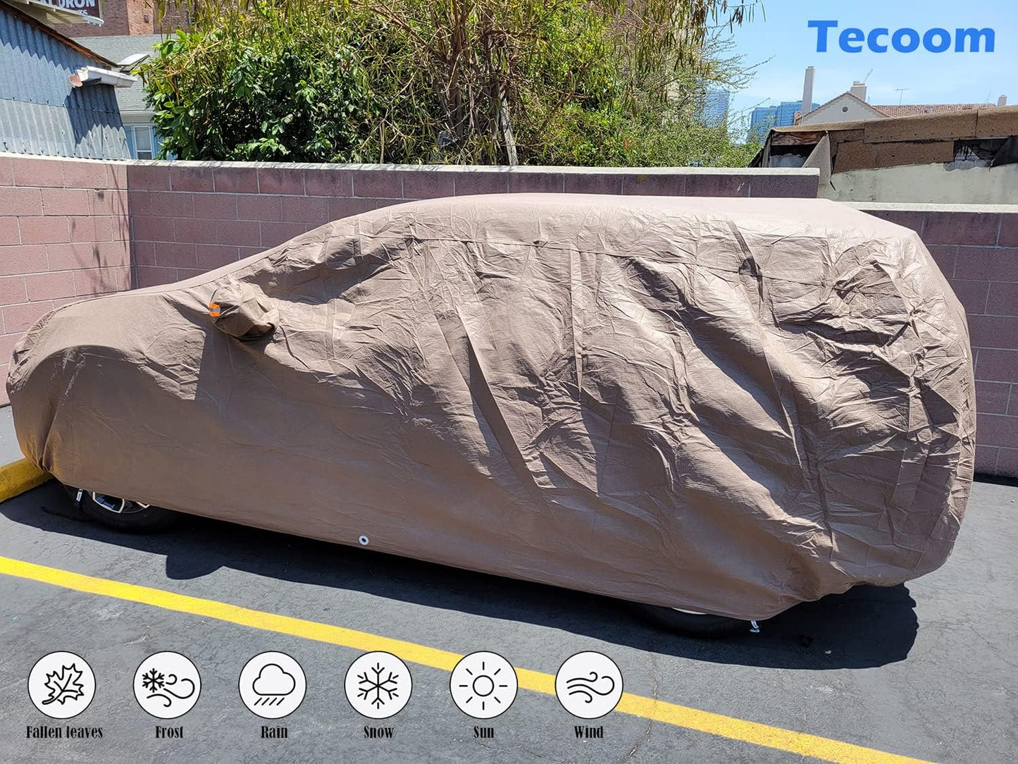 Tecoom Thick Shell Super Breathable Waterproof Windproof Snow Sun Rain UV Protective Outdoor All Weather SUV Car Cover Fit 206-215 Inches Full-Size SUV