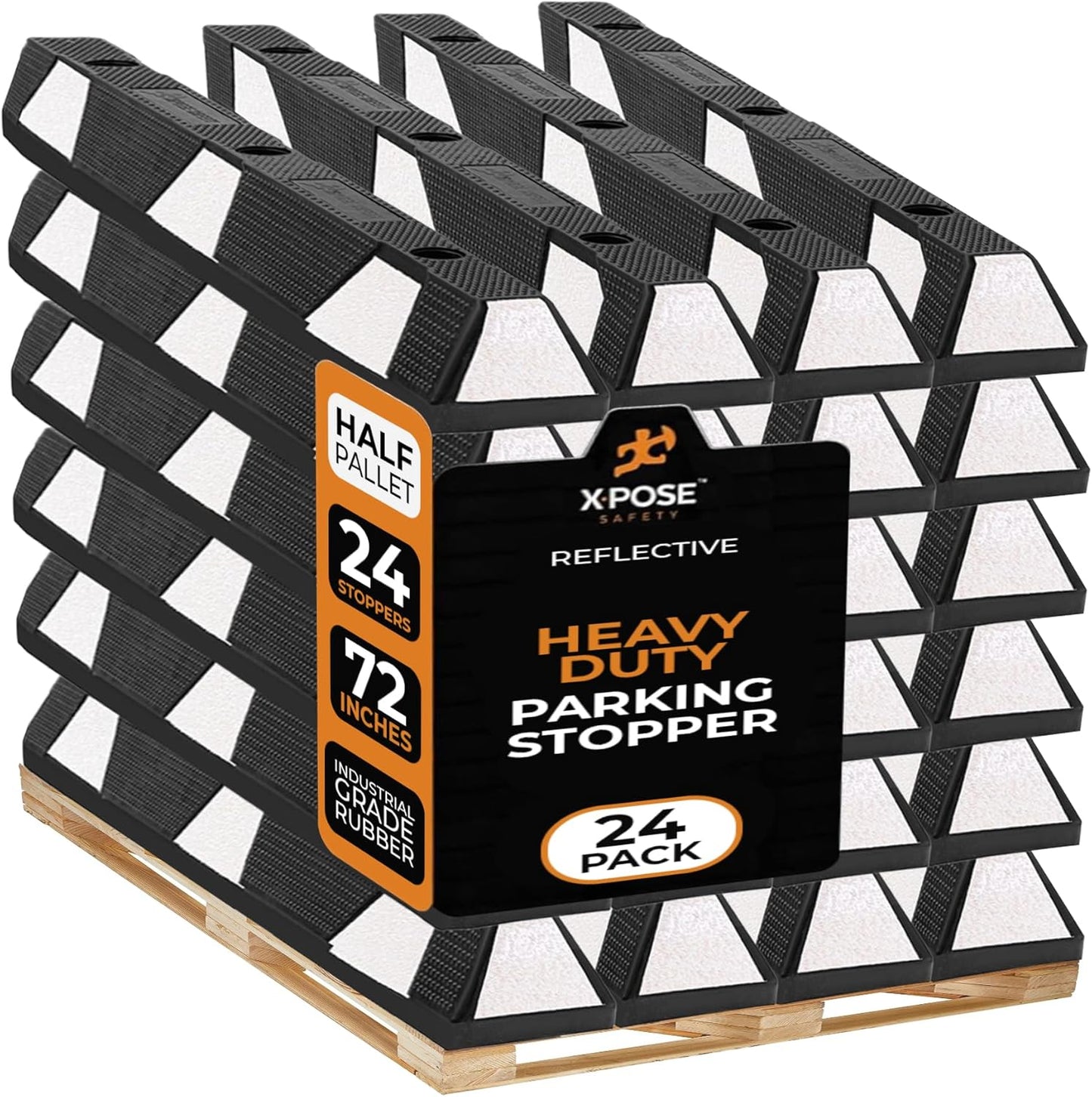 Xpose Safety 72" Heavy Duty Rubber Parking Stopper – Bulk Half Pallet 24 Pack Wheel Blocks for Garage, Driveway, or Ramp – Car Bumper Stop with White Reflective Strips – Removable Floor Mount