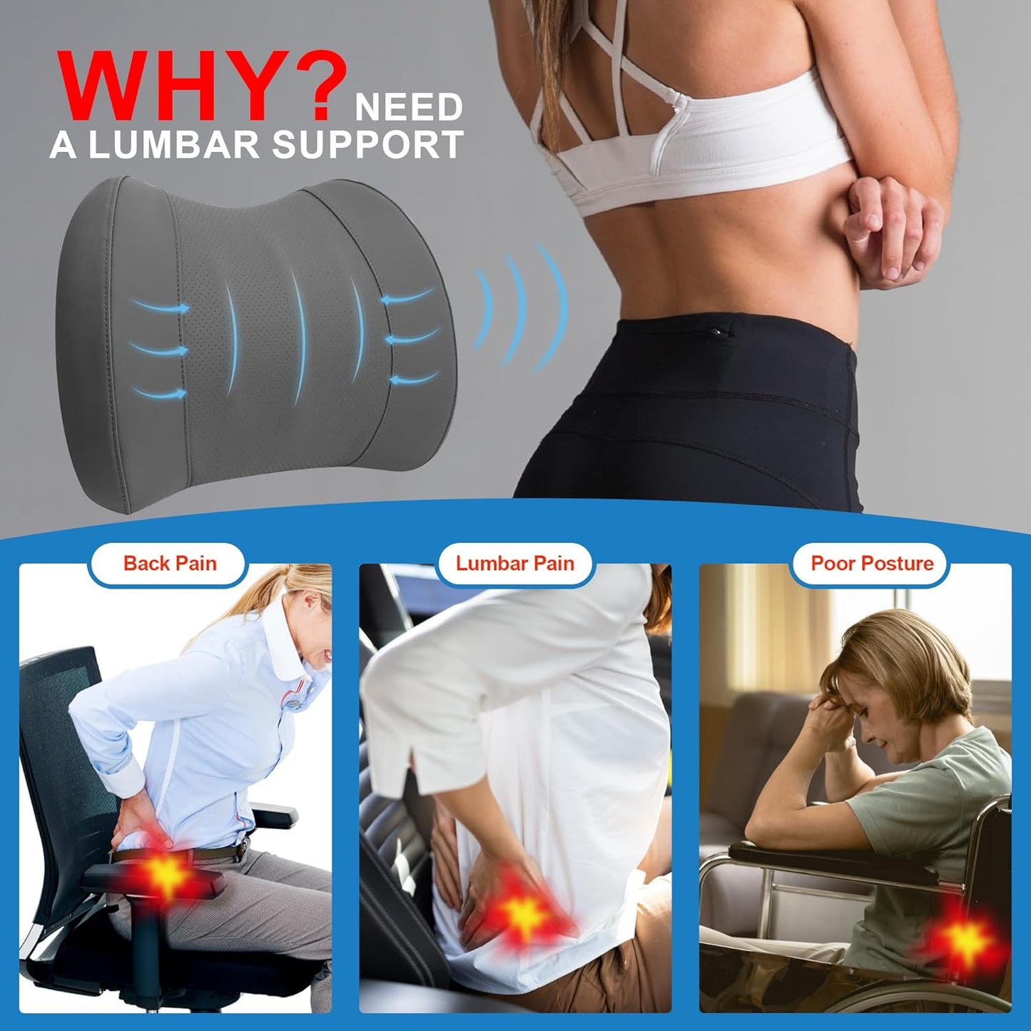 Lumbar Support Pillow for Car, Memory Foam Lumbar Pillow for Lower Back Pain Relief - Back Cushion for Driving, Chair Support for Car-Office Chair, Wheelchair - Classic Dark Grey