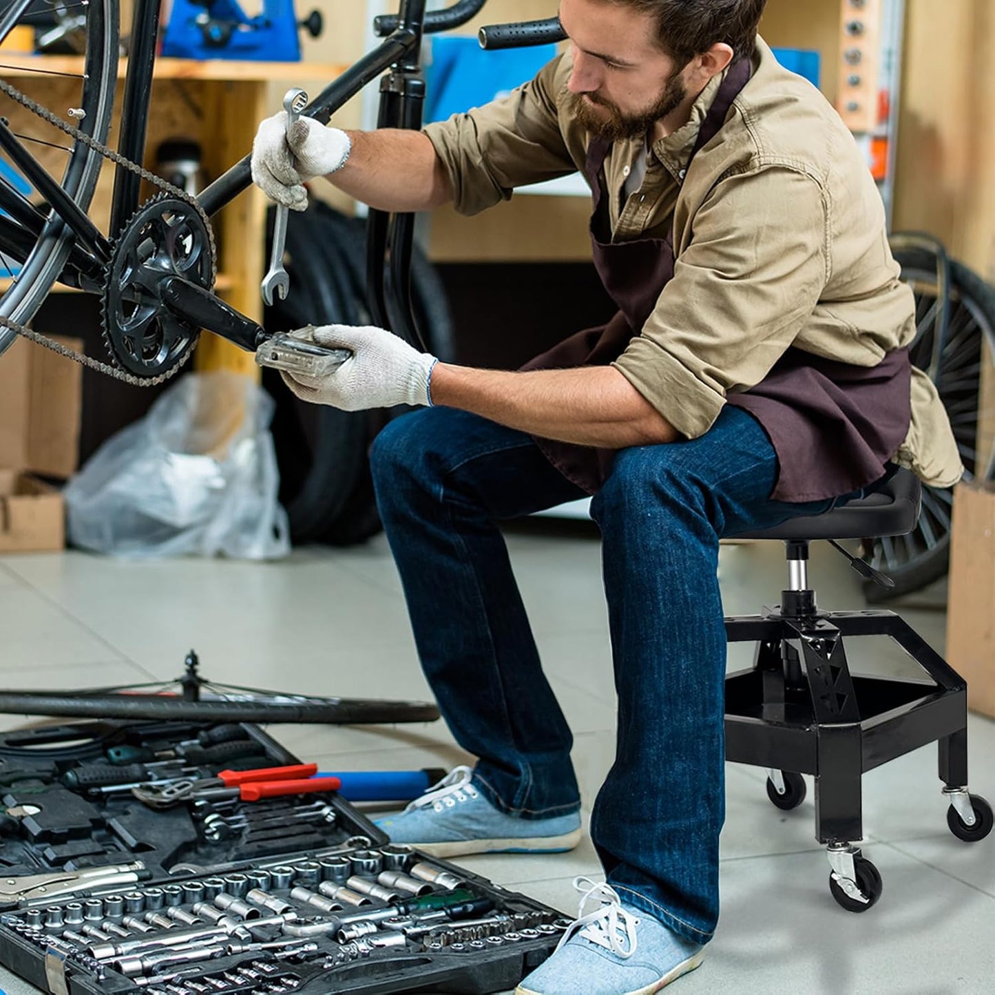 Garage Shop Rolling Seat, Heavy Duty Adjustable Rolling Mechanic Stool with Lockable 360° Wheels, 350 Lbs Capacity, Work Stool with Tool Tray for Garage & Workshop