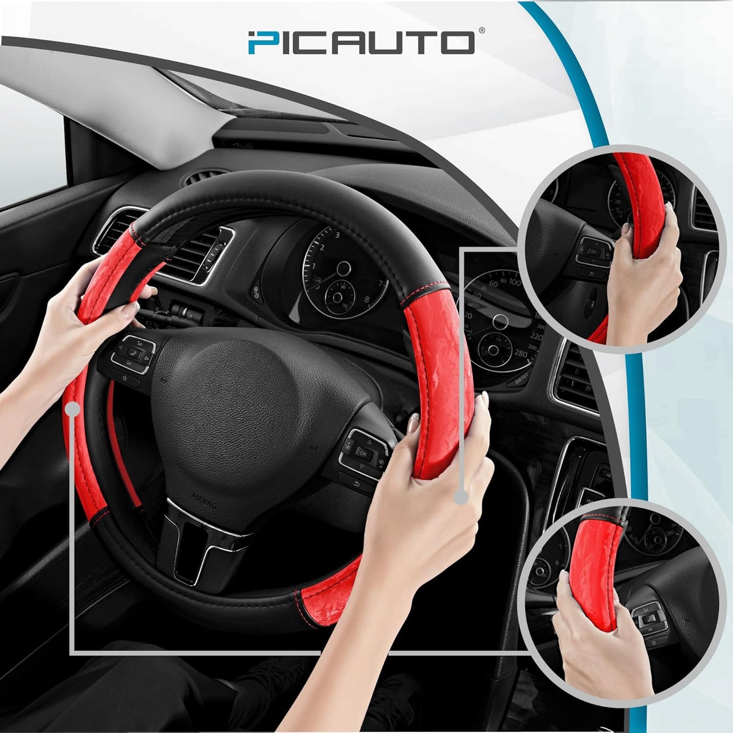 PIC AUTO Steering Wheel Cover, Silk Grain Leather Car Steering Wheel Protector, Comfortable Grip, Universal 14.5-15.5 Inch Anti-Slip Steering Wheels Accessories for Men & Women (Red)