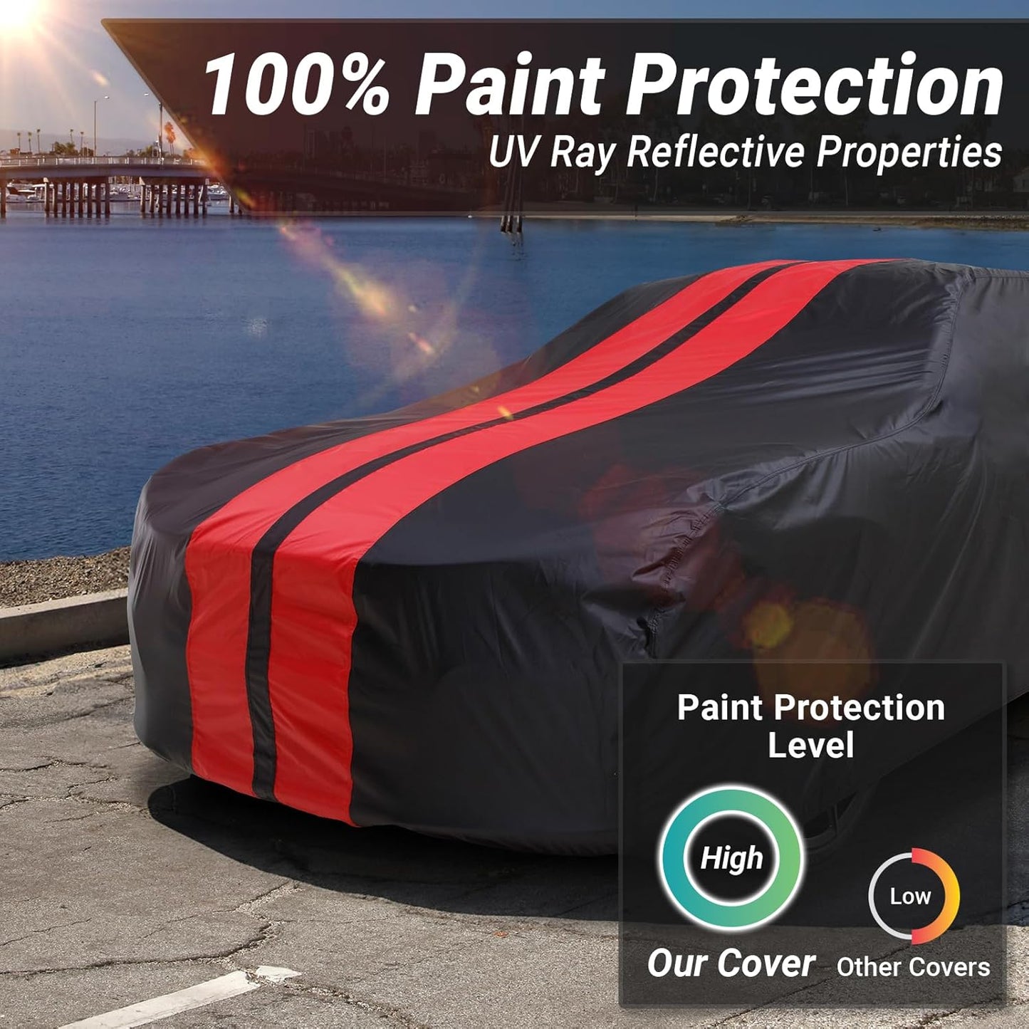 iCarCover Custom Car Cover for Chevy Monte Carlo (1970-1972) Waterproof All Weather Rain Snow UV Sun Protector Full Exterior Indoor Outdoor Car Cover (Stripe - Black/Red)