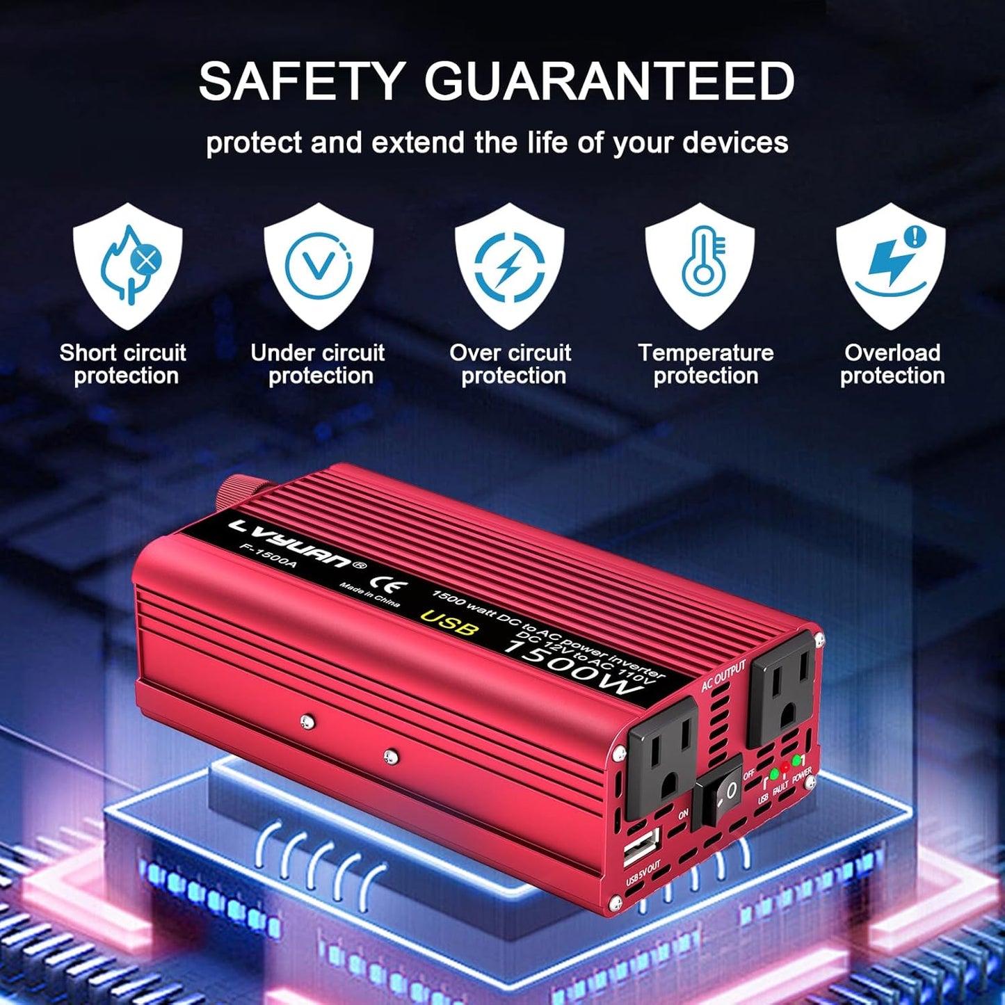 Power Inverter 700W/1500W (Peak) Dual AC Outlets and USB Charging Port DC 12V to 110V AC Car Converter Inverter for Home Car RV Truck Camping