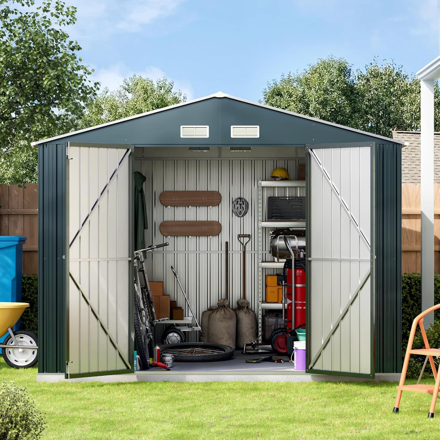 10X10FT Outdoor Steel Storage Shed with Lockable Doors, Ideal for Garden, Backyard, and Patio Utility and Tool Storage