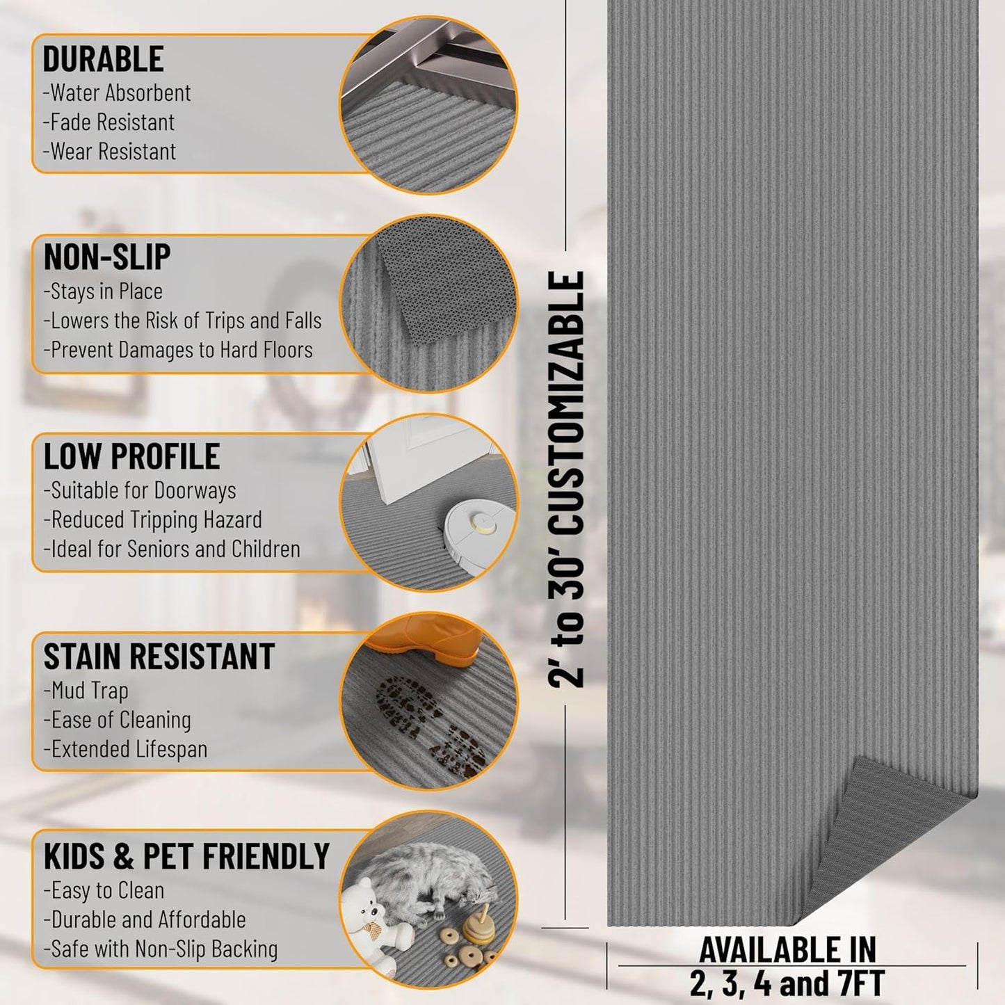 Ottomanson 6'6" x 8' Mud Mat Area Rug Scraper Carpet - Non-Slip, Dirt Trapping for Indoor & Outdoor Use - Ideal for Entryway, Garage, Kitchen, Patio & High-Traffic Areas, Gray