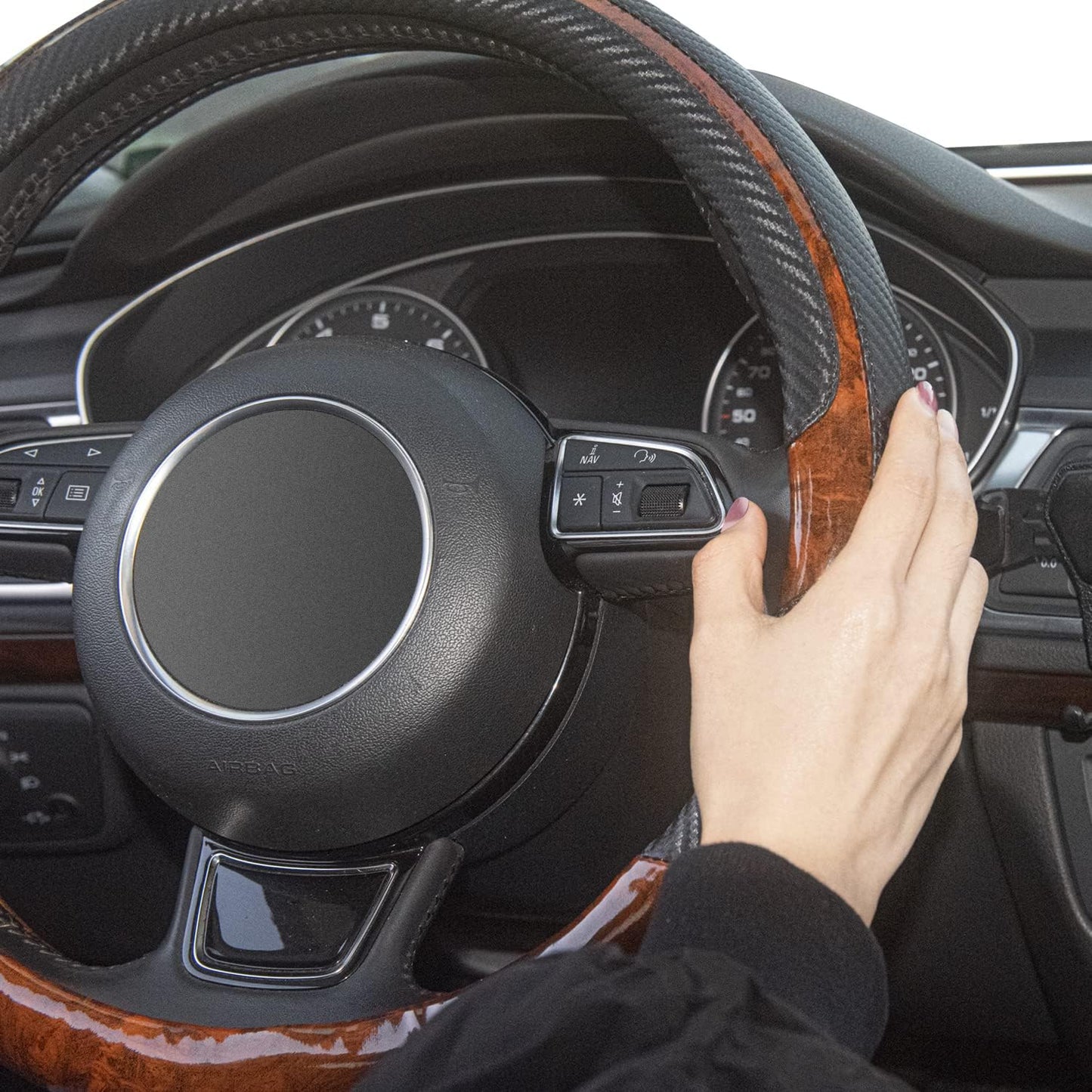 Xizopucy Wood Grain Steering Wheel Cover Black Universal Microfiber Leather, Suitable for 14 1/2-15 inch Comfortable Anti-Slip, Good Breathable and Odorless Car Steering Wheel Cover