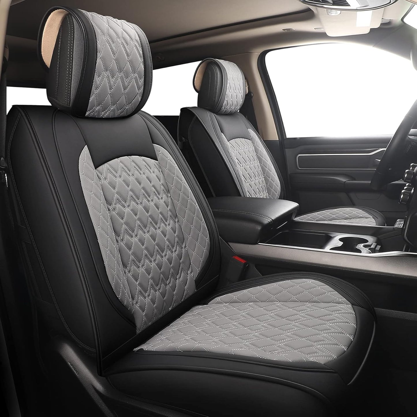 JOJOBAY Car Seat Covers for Dodge Ram Full Set,Fit Ram 2009-2025 1500/2500/3500 Pick-up Truck,Crew,Regular,Quad,Mega Cab,Waterproof Leather Seat Covers Protectors（5 PCS Full Set,Black-Grey）