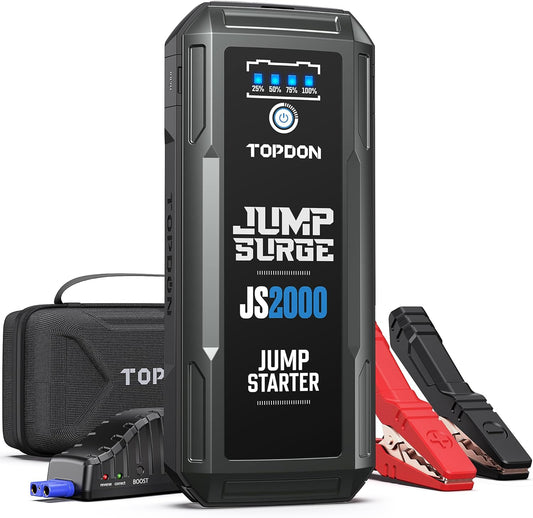 Car Battery Jump Starter, TOPDON 2000A Peak Jump Starter for Up to 8L Gas/6L Diesel Engines, 12V Portable Battery Booster Jump Starter Pack with Jumper Cables and EVA Protection Case