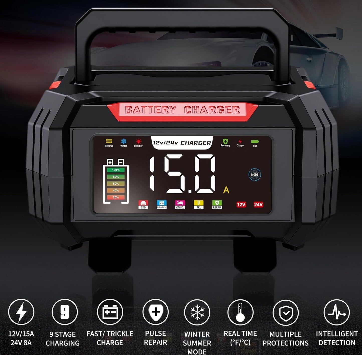 15 Amp Battery Charger, 12V 24V LiFePO4 Car Battery Charger 9-Stage Trickle Portable Charger Smart Battery Maintainer w/Battery Repair, Winter Mode, for AGM, STD, Gel, Lead Acid,Deep Cycle Batteries