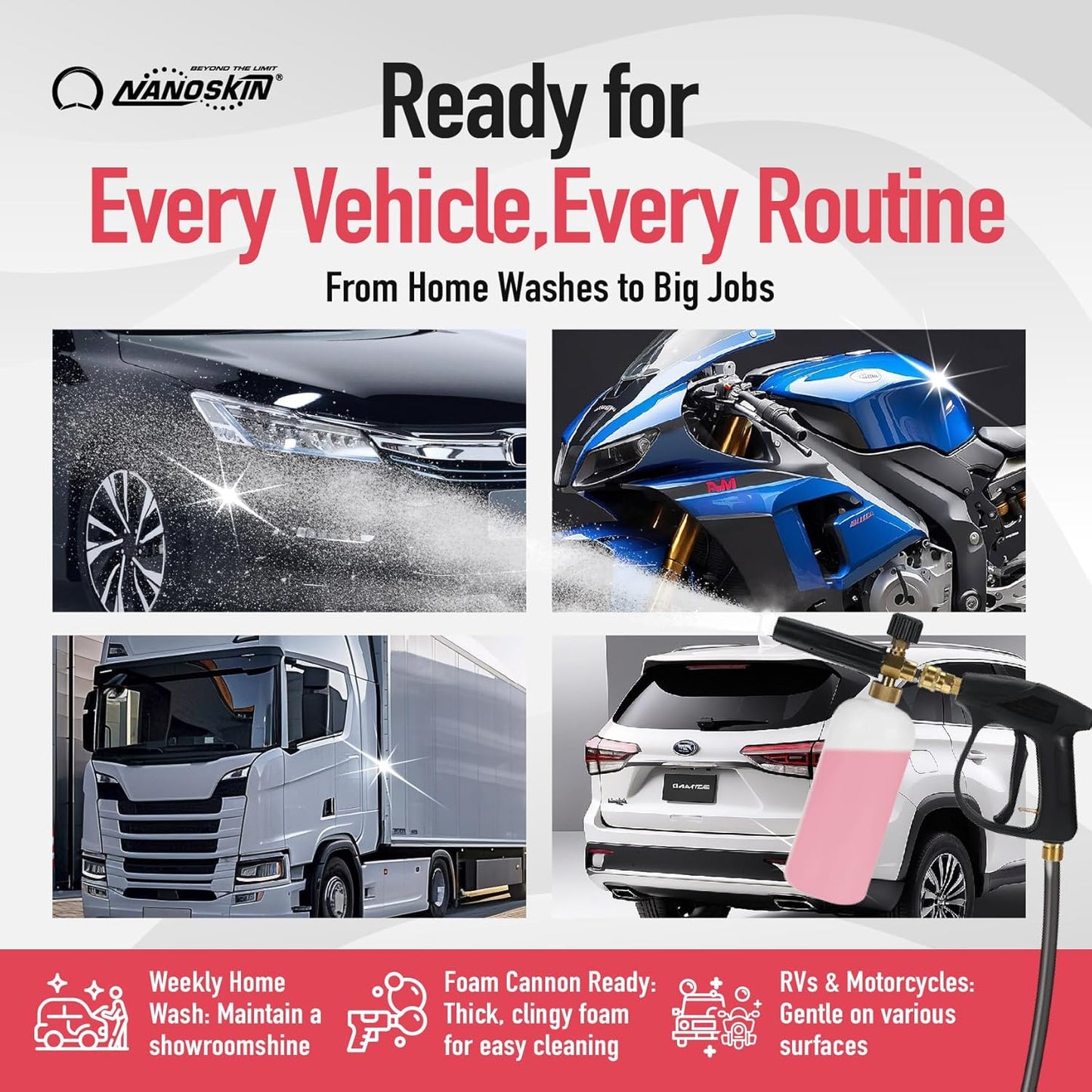 Nanoskin CHERRY SUDS Foaming Car Wash Shampoo 1 Gallon - Works with Foam Cannon, Foam Gun, Bucket Washes, Car Soap for Pressure Washer | Safe for Cars Trucks, Motorcycles, RVs & More | Cherry Scented