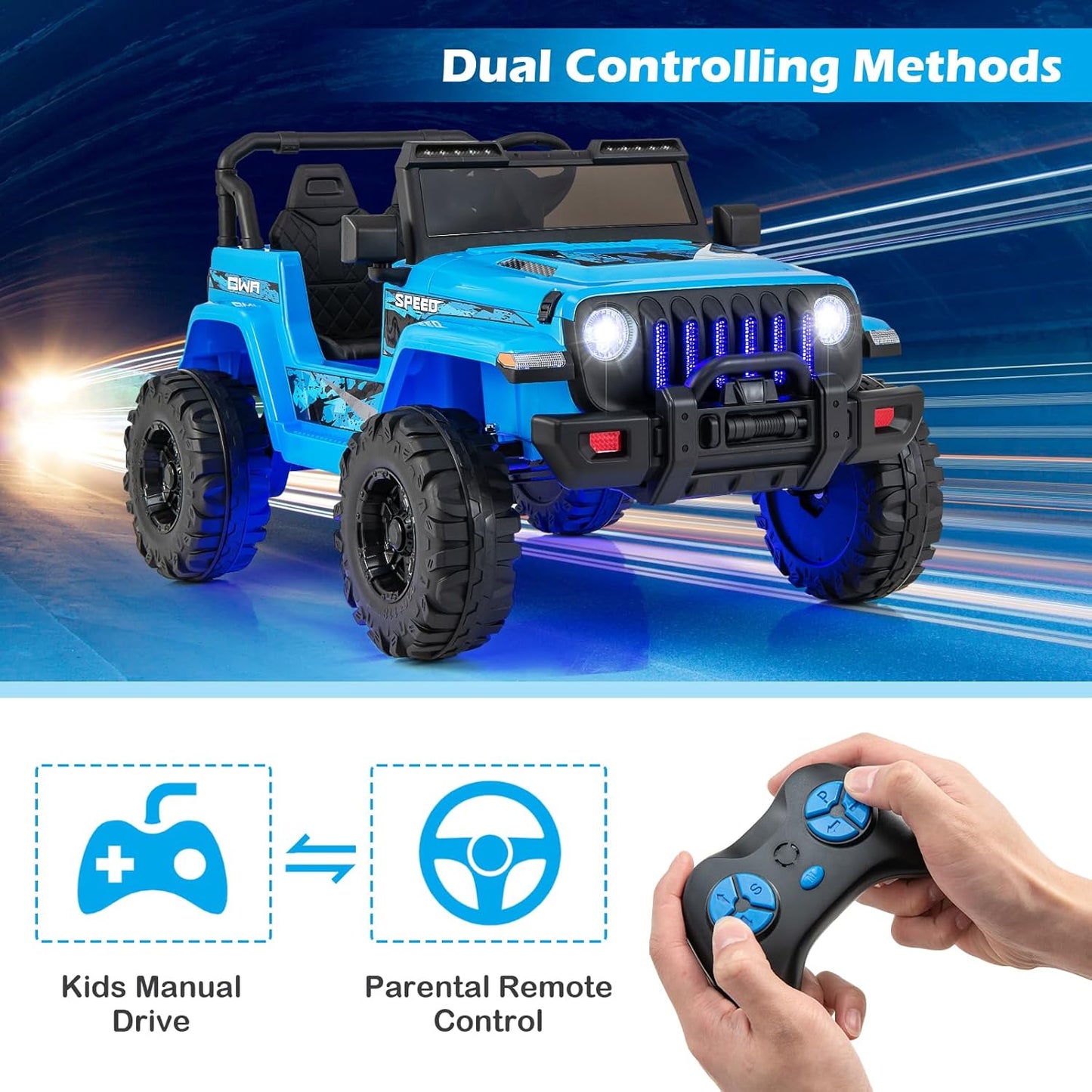 INFANS Kids Ride on Car Truck with 2.4G Remote Control, 12V Battery Powered Electric Cars for Kids w/3 Speeds, Battery Display, LED Lights, Safety Belt, Music & Horn, Bluetooth/FM/USB (Blue)