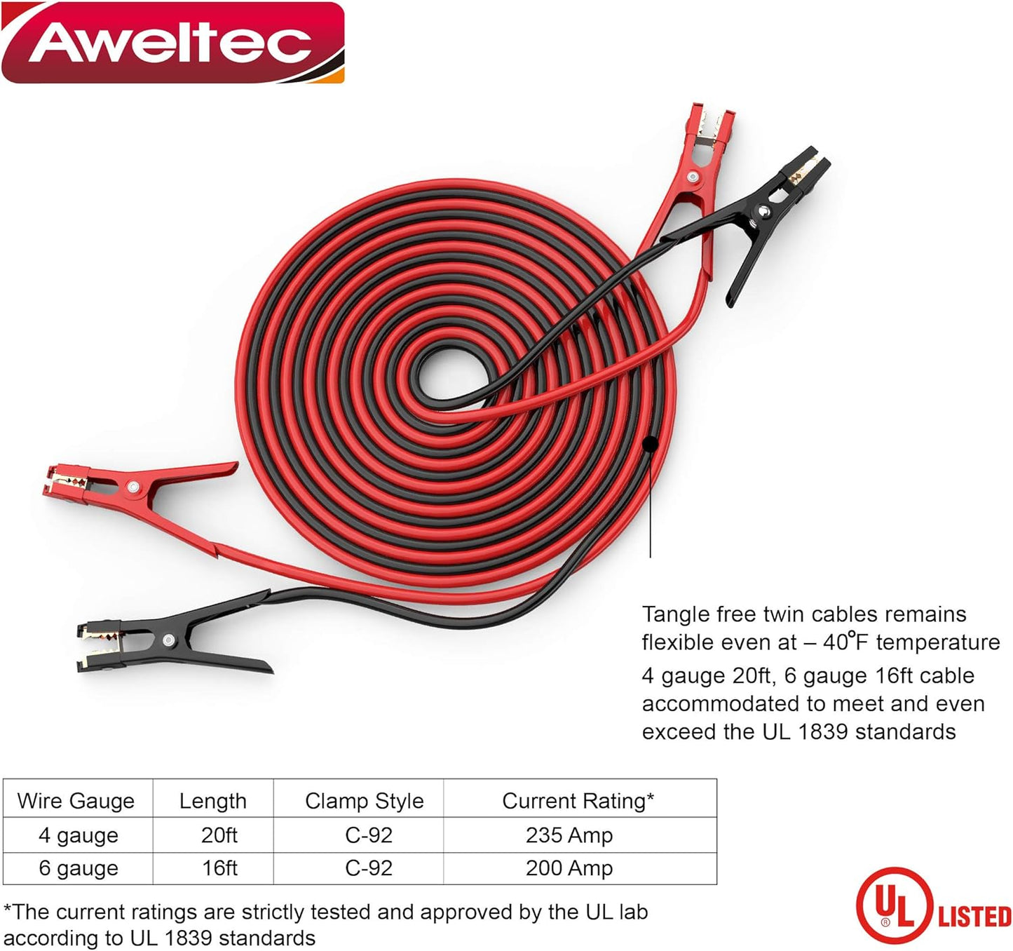 UL-Listed Jumper Cables - 6 Gauge 16 Feet Battery Cables for car, Heavy Duty Booster Cables (6AWG x 16Ft) with Carry Bag