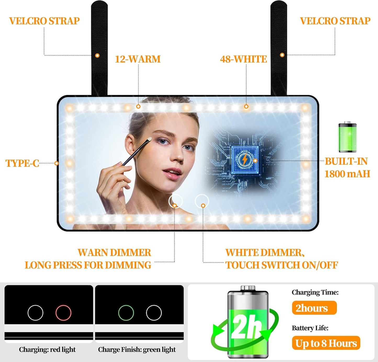 Car Sun Visor Vanity Mirror with Lights, 2 Pcs Rechargeable Car Makeup Mirror Accessories, Birthday Gifts for Women Girl, 3 Light Modes, Dimmable Touch Led Screen, Universal for Car Truck