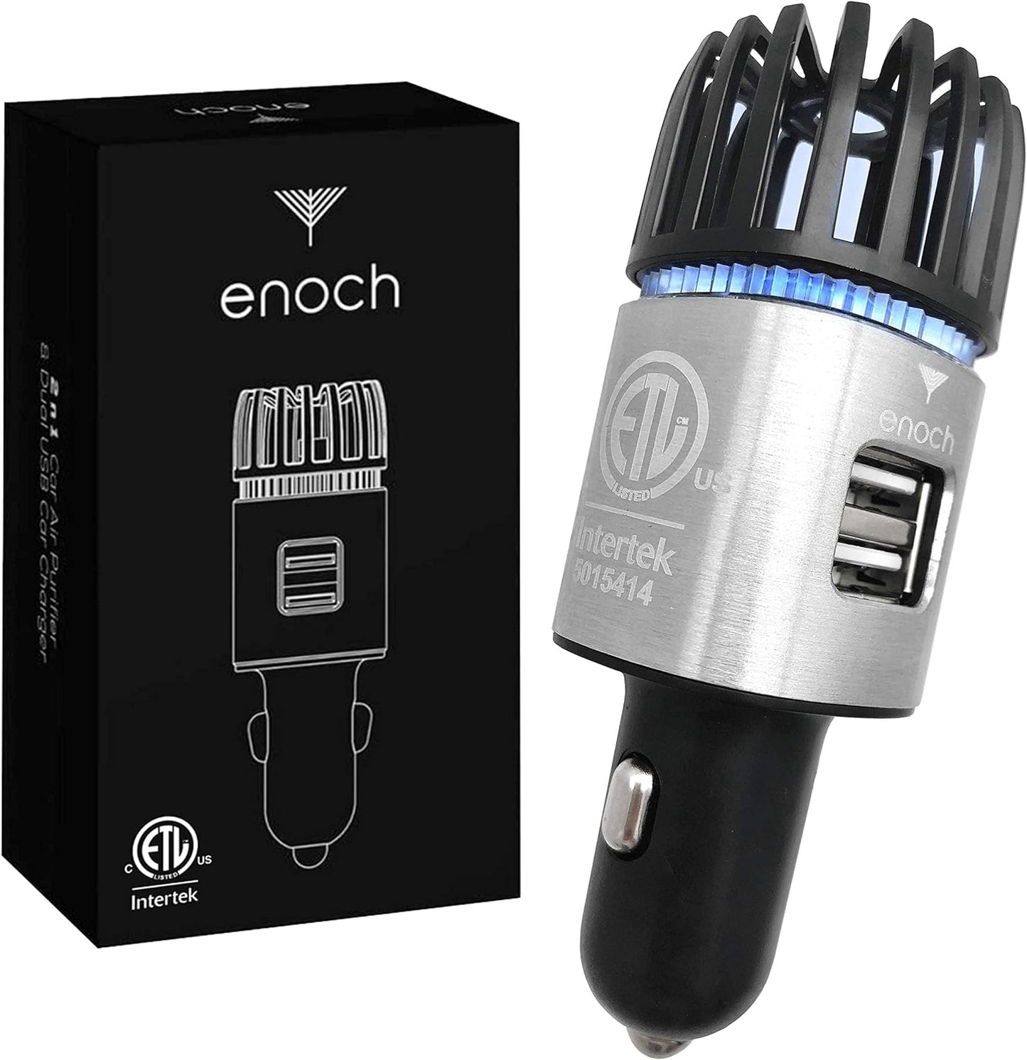Enoch Car Air Purifier Premium Air Ionizer - 12V Plug-In Ionic Ozone Deodorizer Accessory with Dual USB Car Charger - Eliminates Cigarette Smoke, Pet and Food Odors, Dust (Gray Silver)