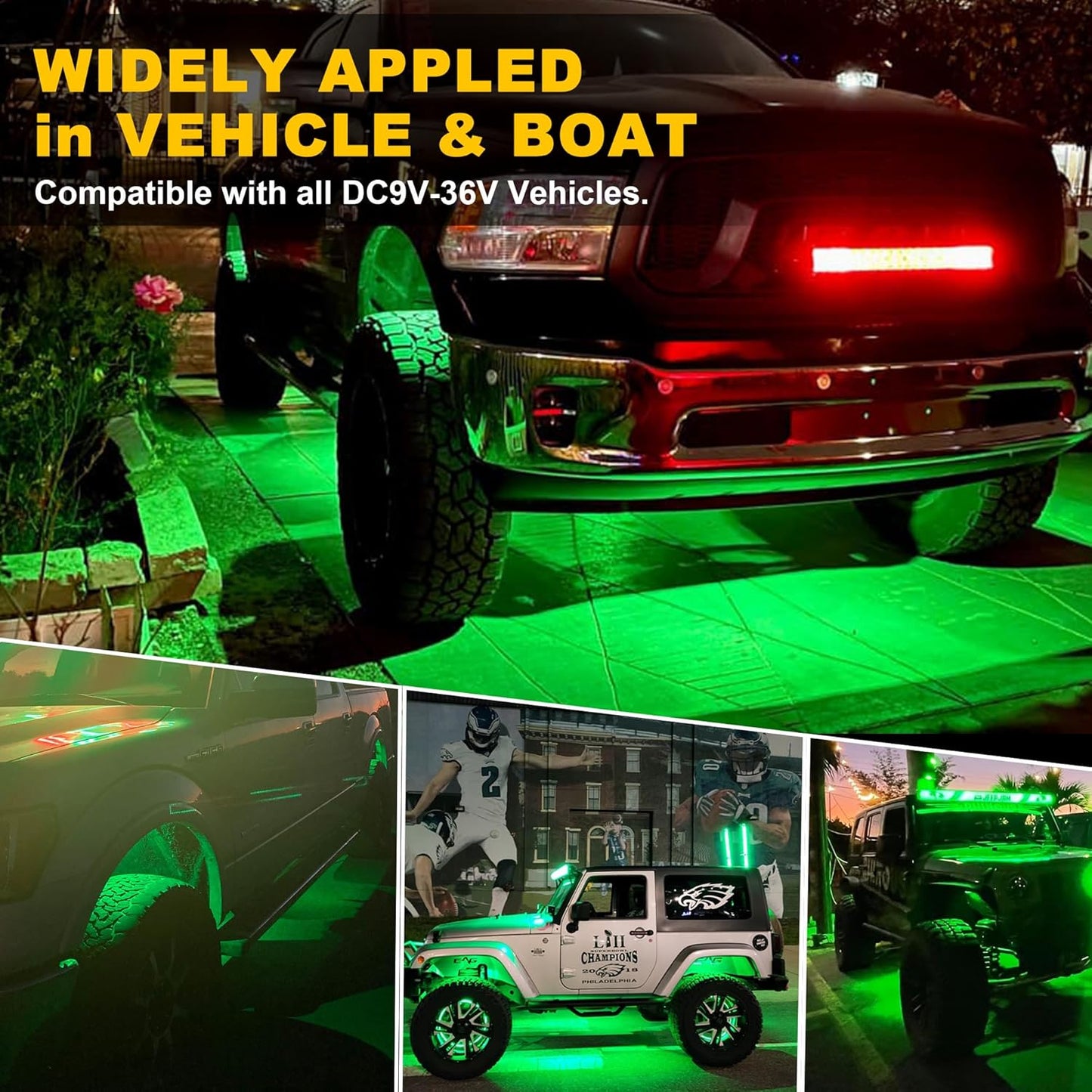 Nicoko 4Pods Pure Green LED Rock Lights 72w high Power Rock Lights Neon Underglow Light for Car Trucks ATV UTV SUV Boat Underbody Glow Trail Rig Light IP68 Waterproof
