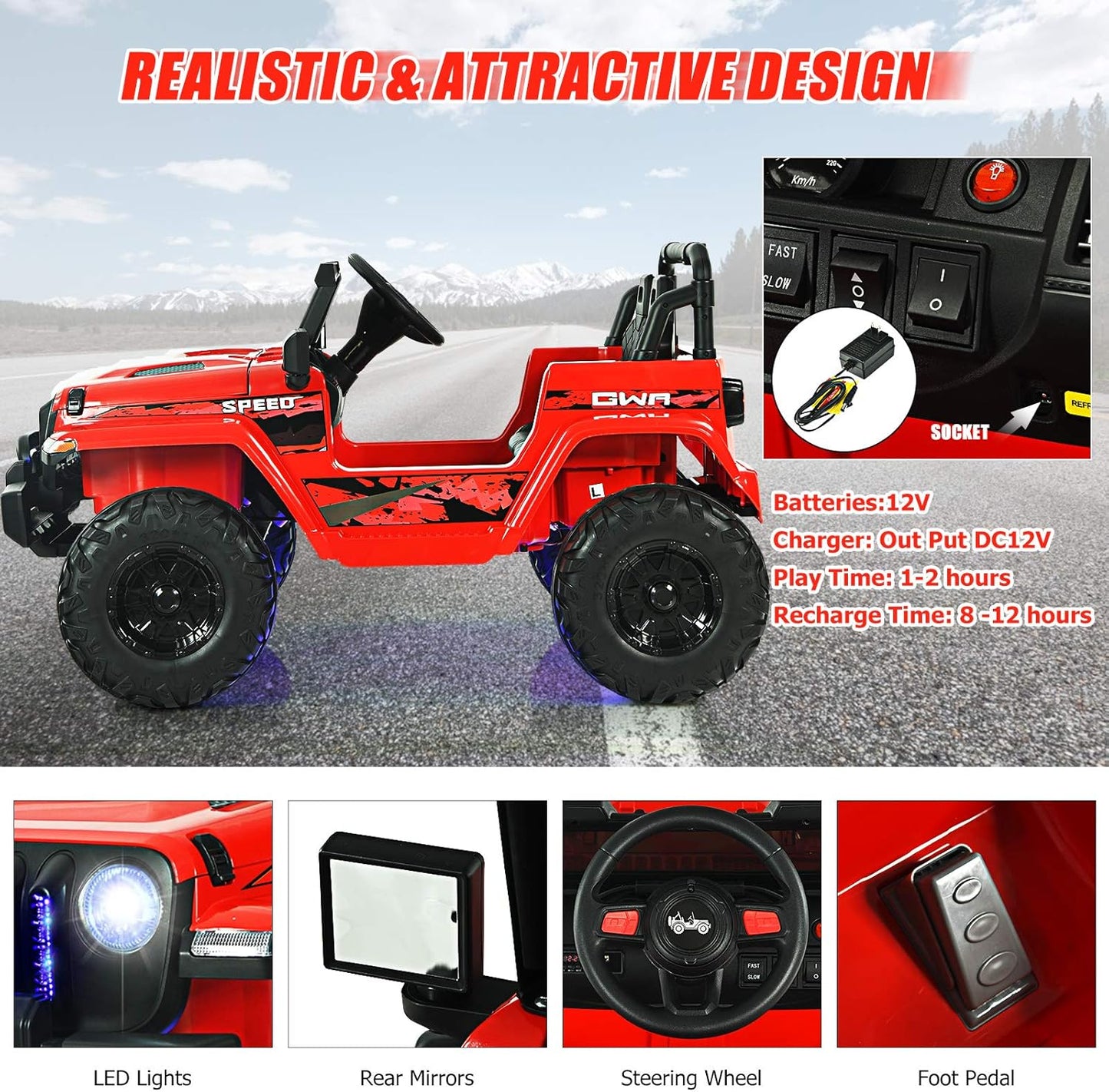 INFANS Kids Ride on Car Truck with 2.4G Remote Control, 12V Battery Powered Electric Cars for Kids w/3 Speeds, Battery Display, LED Lights, Safety Belt, Music & Horn, Bluetooth/FM/USB (Red)