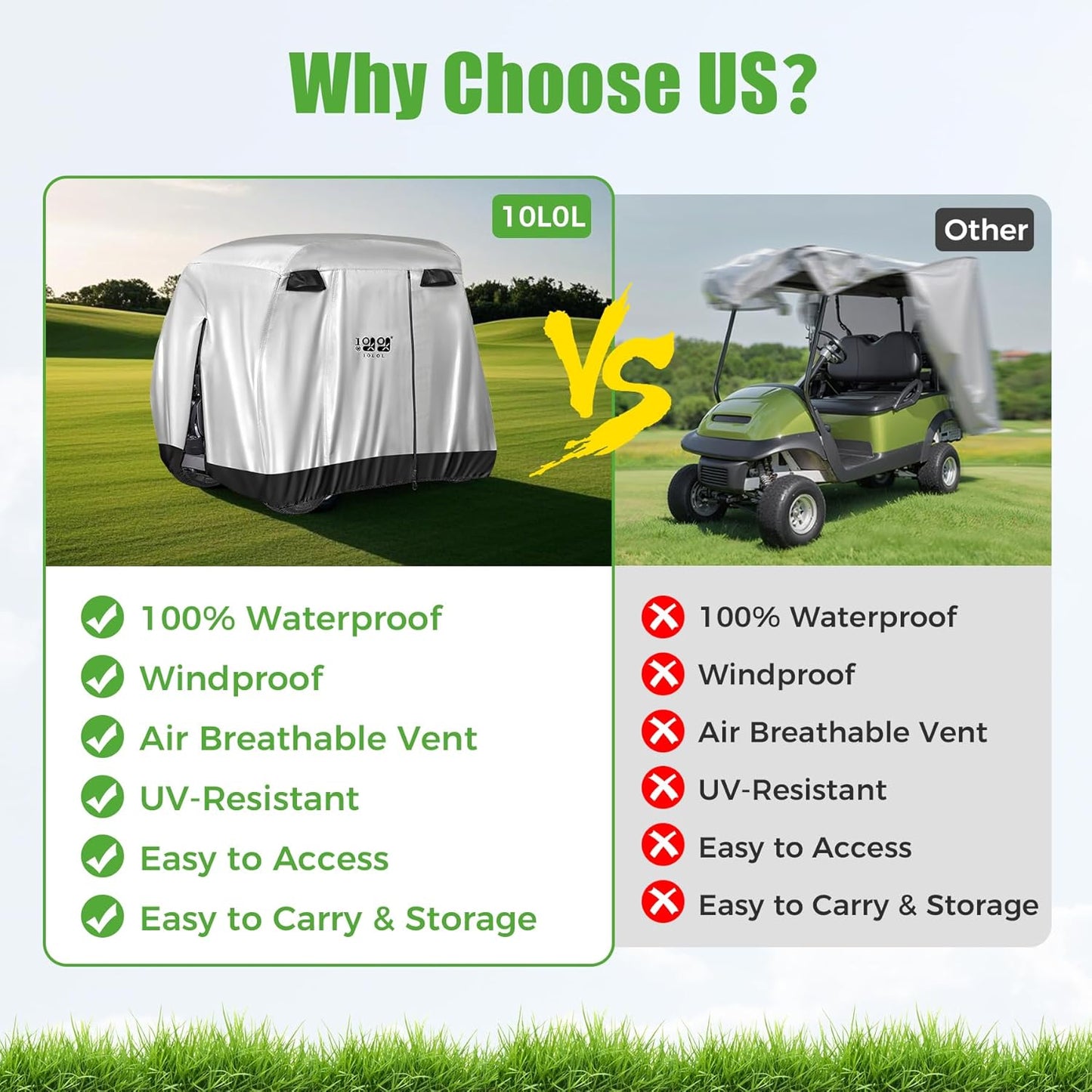 10L0L 4 Passenger Golf Cart Cover for Yamaha EZGO Club Car, 400D Polyester All-Weather Waterproof Golf Cart Storage Cover with Three Zipper Doors-Silver