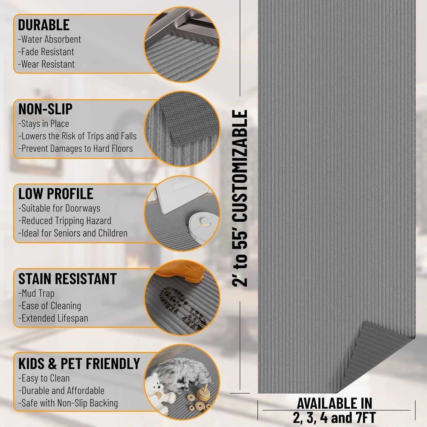 Ottomanson Mud Mat 2' x 4' Entryway Rug - Non-Slip Scraper Doormat for Muddy Paws, Dirt Trapping Indoor/Outdoor Mat for High-Traffic Areas, Kitchen, Garage, Patio, Gray