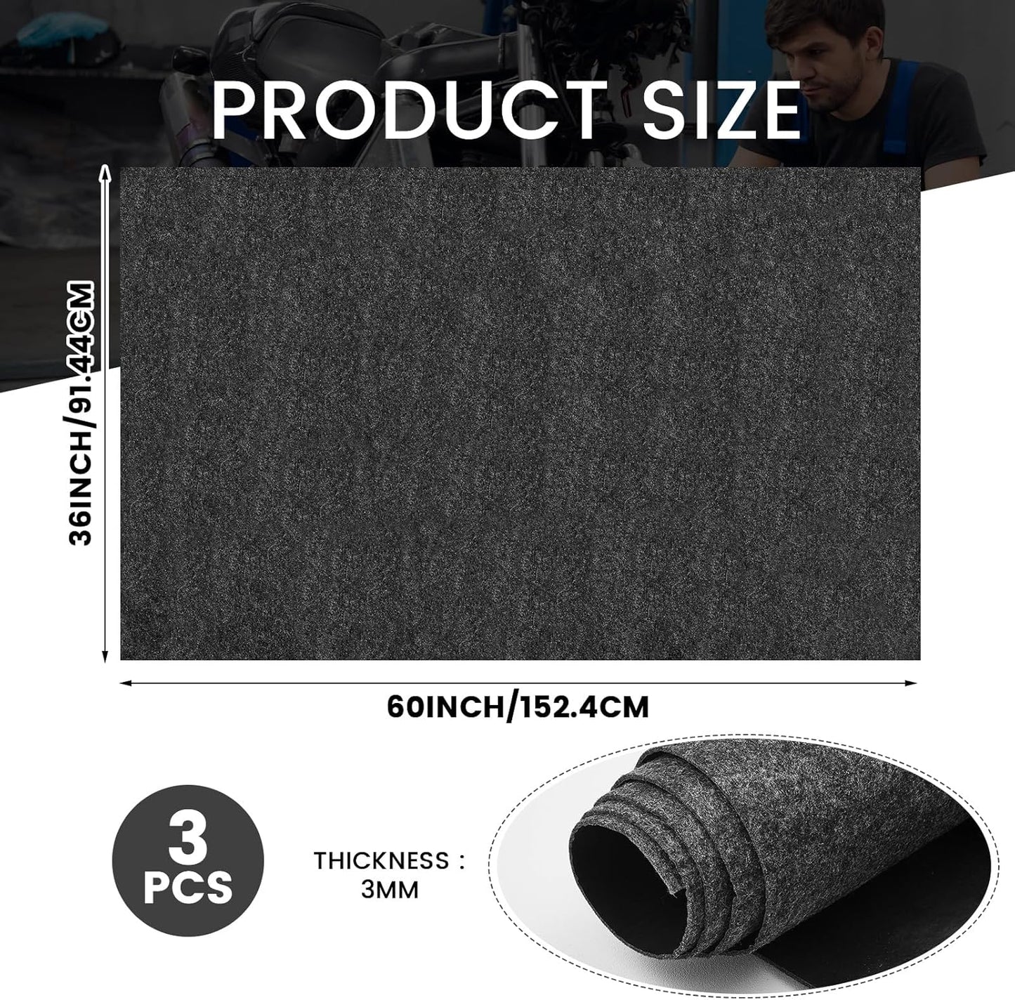 3 Pcs 36 x 60 Inch Oil Spill Mat for Driveway Garage Under Car Leaks Absorbent Oil Pad, Black Rubber Mat Garage Floor Protecting with Waterproof Backing, Reusable, Washable, Non Slip