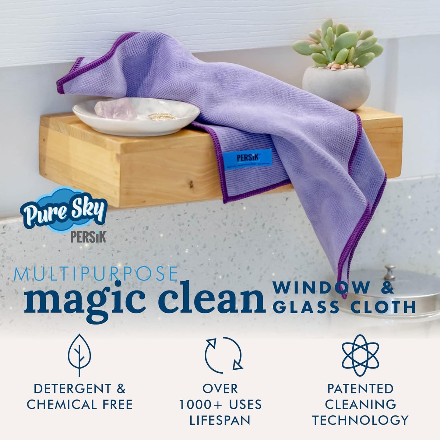 persik Pure-Sky Microfiber Cleaning Cloth - JUST ADD Water No Detergents Needed – Streak Free Magic Ultra Microfiber Polishing Towel - for Windows, Glass, Mirror and Screen - Leaves no Wiping Mark