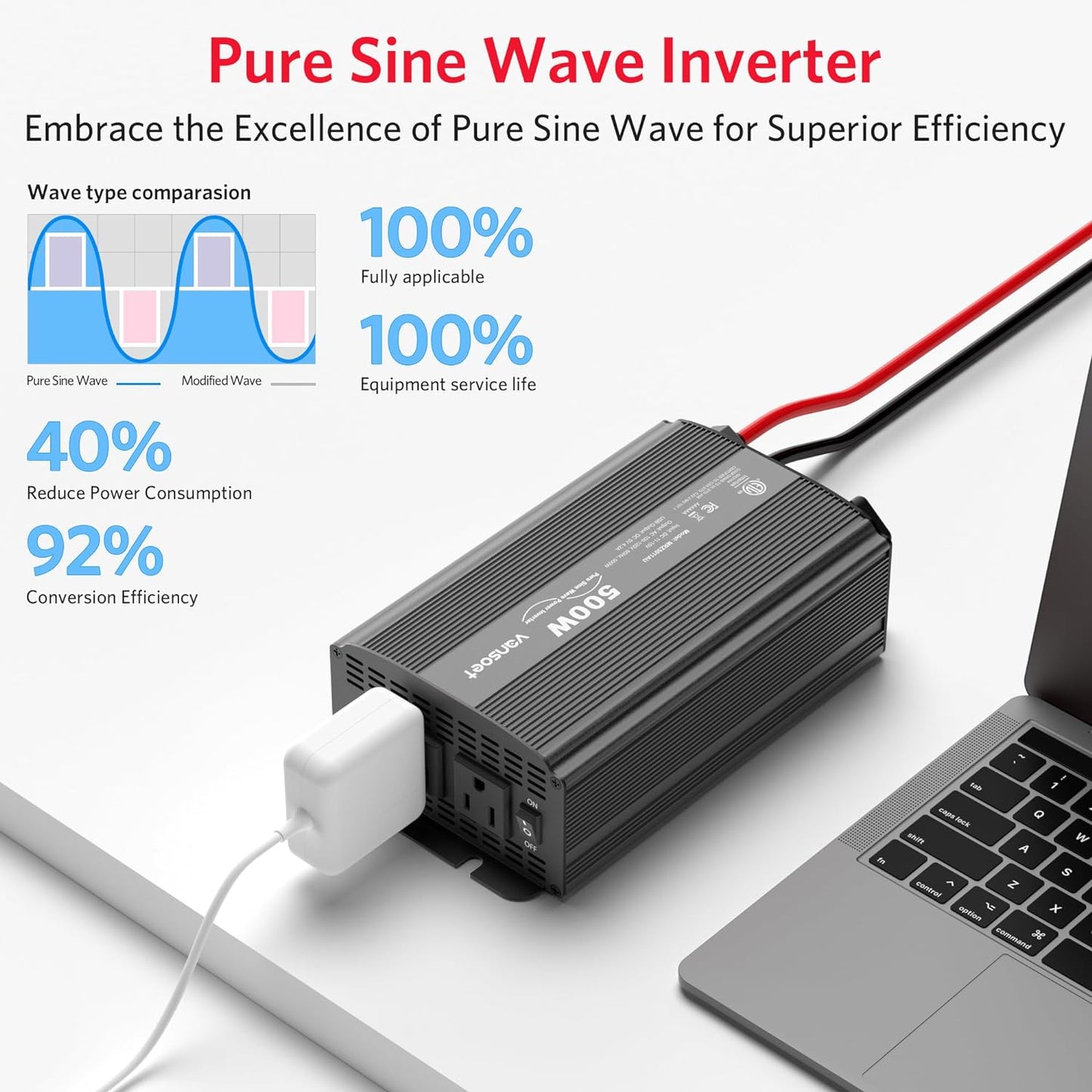500W Pure Sine Wave Power Inverter, DC 12V to 110V AC Car Plug Inverter Adapter with 4.2A Dual USB Charging Ports and 2 AC Outlets Car Charger (Black)