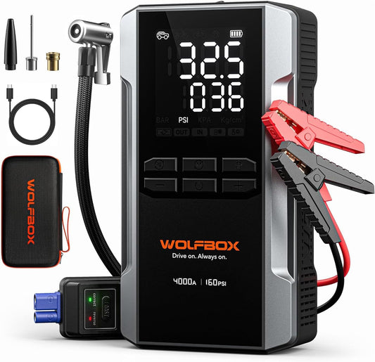 WOLFBOX 4000A Jump Starter with 160PSI Air Compressor, 12V Car Battery Booster, 65W Fast Charge, 24000mAh Portable Tire Inflator, LED Display for 10L Gas & 10L Diesel Engines, LED Light, Jumper Cables