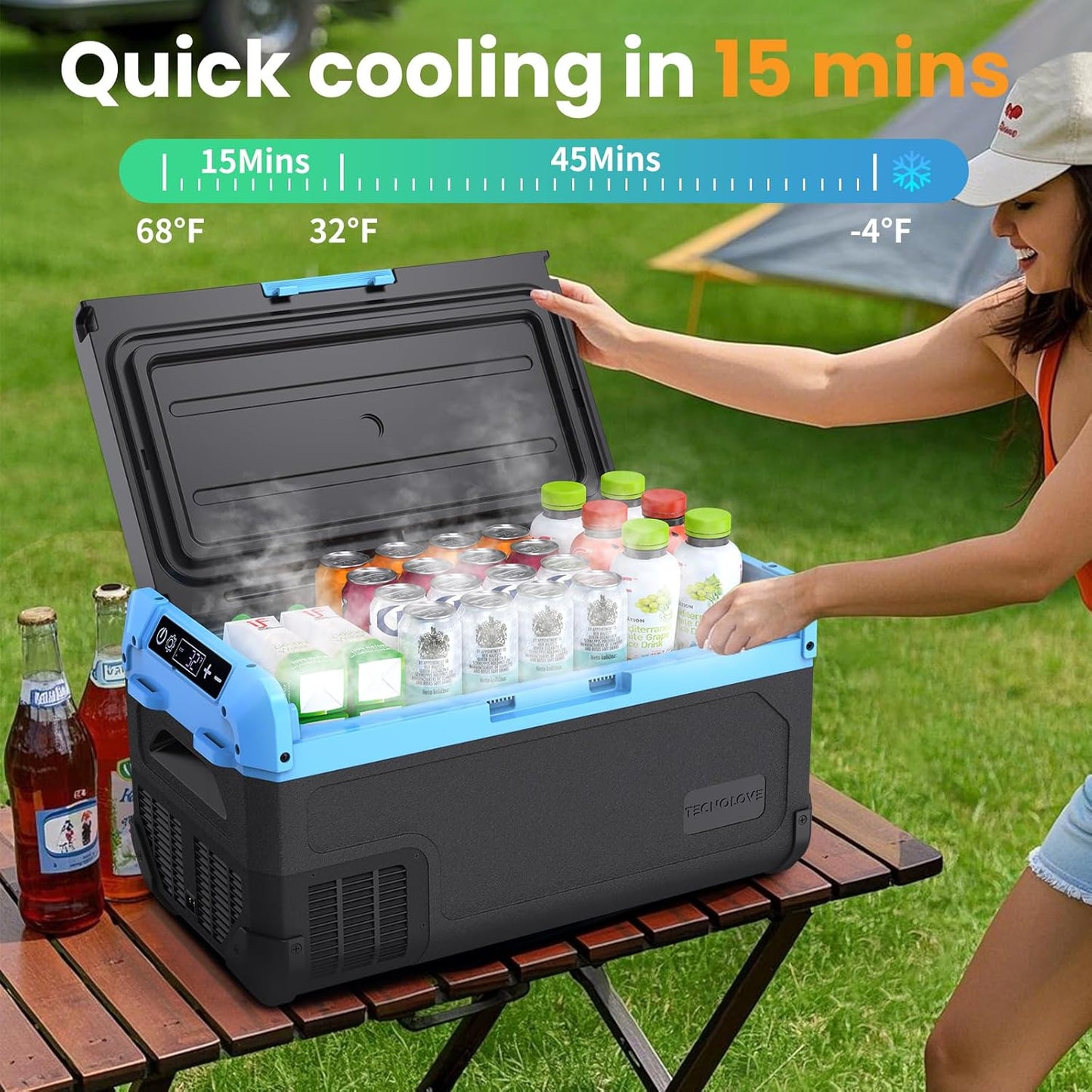 30L Car Refrigerator Freezer, 32QT Single Zone Portable Fridge with Blow Expansion Evaporator, Reversible Door, LED Control, Fast Cooling, 100–240V AC / 12V / 24V DC, -4℉~68℉, Ice Blue