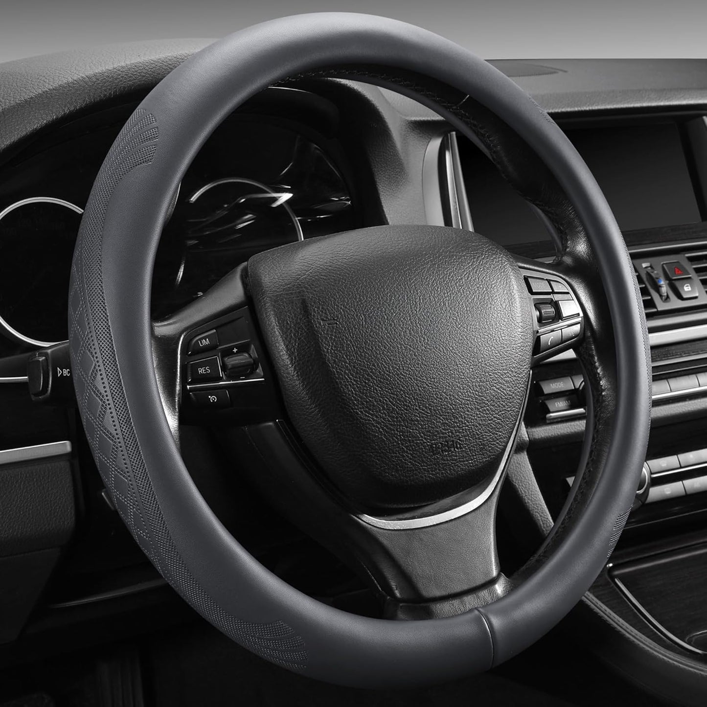 【2025 Model】 Real Cowhide Steering Wheel Cover for Men Women，Gray Genuine Leather Steering Wheel Cover for Cars,Universal 14.5-15 inch Steering Wheels,Grid & Square Motif