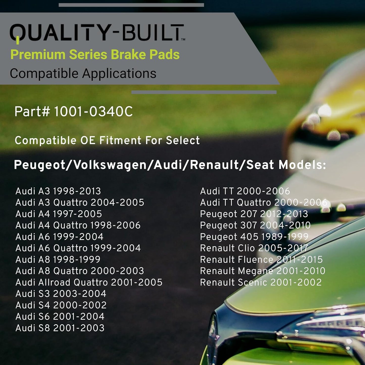 Premium Ceramic Rear Brake Pads (1001-0340C) Compatible with 1986-2022 Audi/Peugeot/Renault/Seat/Volkswagen (A3/A4/A6/A8/Beetle/Golf/Jetta City/Passat/S3/S4/S6/S8/TT/TT Quattro & More)