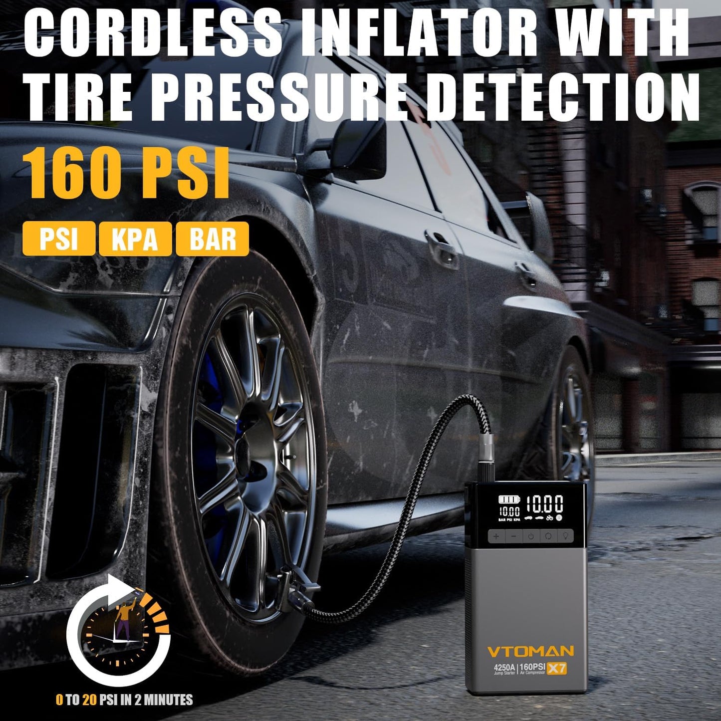 VTOMAN X7 Jump Starter with Air Compressor, 4250A Portable Car Starter (Up 10L Gas/10L Diesel Engine) with 160PSI Digital Tire Inflator,12V Lithium Battery Charger Booster Box with Jumper Cables